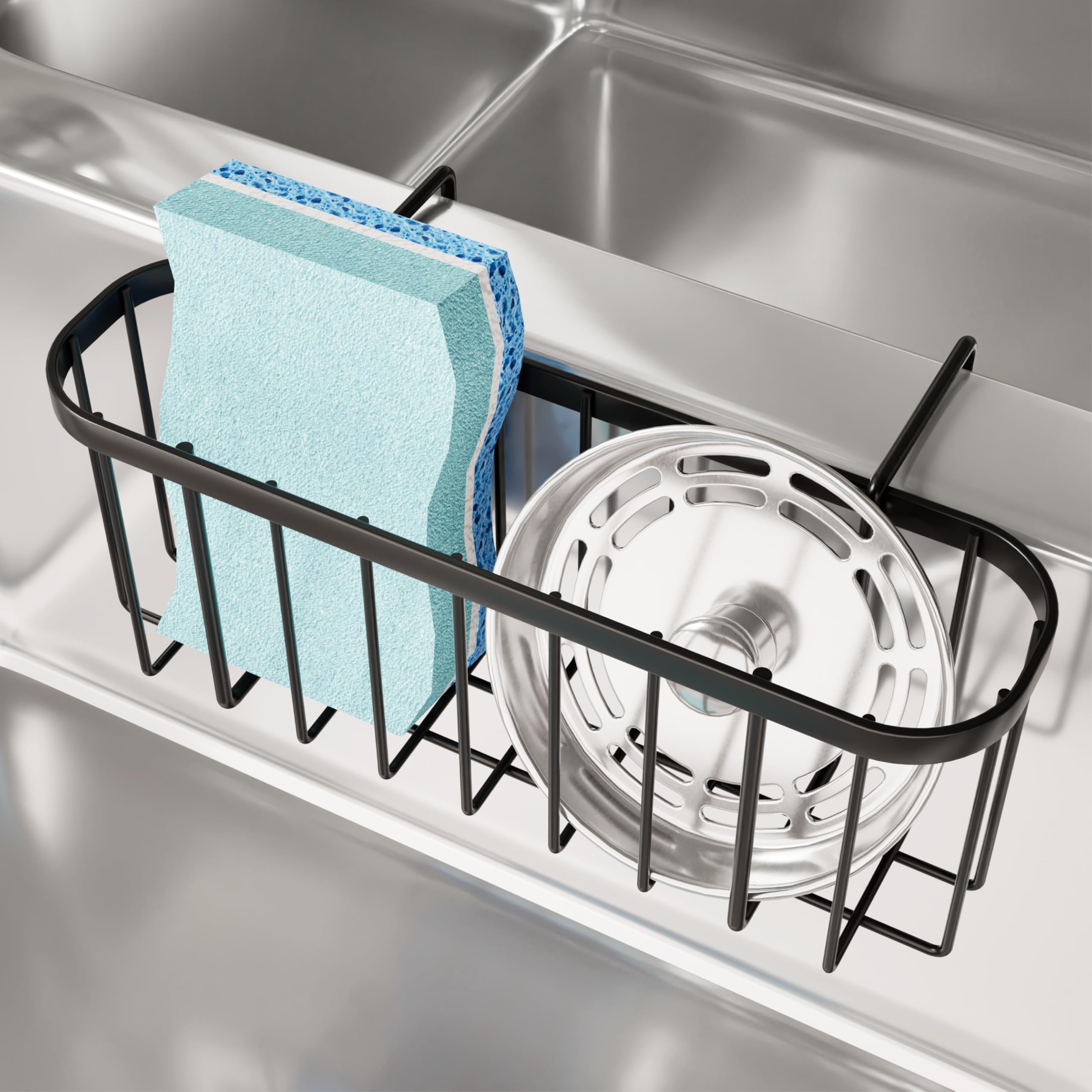 SWTYMIKI Stainless Steel Sponge Holder for Kitchen Sink - Movable Sink Caddy with Partition, Compact Hanging Organizer for Double Bowl Sinks (Black) - Perfect for Keeping Sponges, Brushes & Soap Organized by Sink