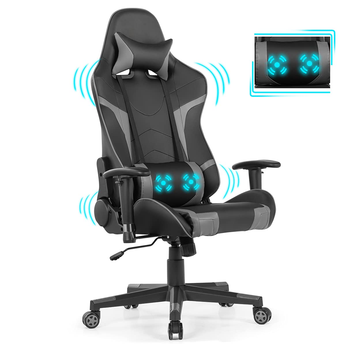 GYMAX Ergonomic Gaming Chair with Adjustable Headrest & Lumbar Support - Reclining Computer Chair for Adults - Comfortable Office Desk Chair for Gamers & Professionals - Perfect for Long Gaming Sessions & Remote Work (Grey)