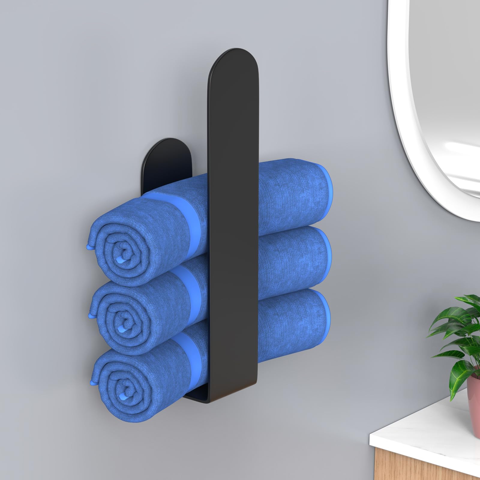 HUFEEOH Black Stainless Steel Self-Adhesive Hand Towel Holder - Wall Mount Bathroom Towel Bar for Kitchen, Bath & Dorm - No Drill Easy Installation