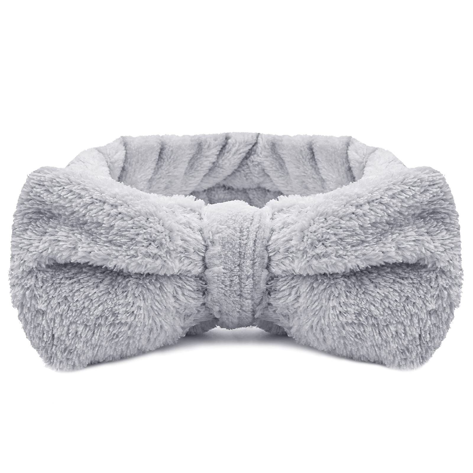 Molain Spa Headband for Women - Soft Coral Fleece Elastic Hair Band with Bowknot Design, Perfect for Washing Face, Shower, Skincare & Sports | Grey Beauty Accessory