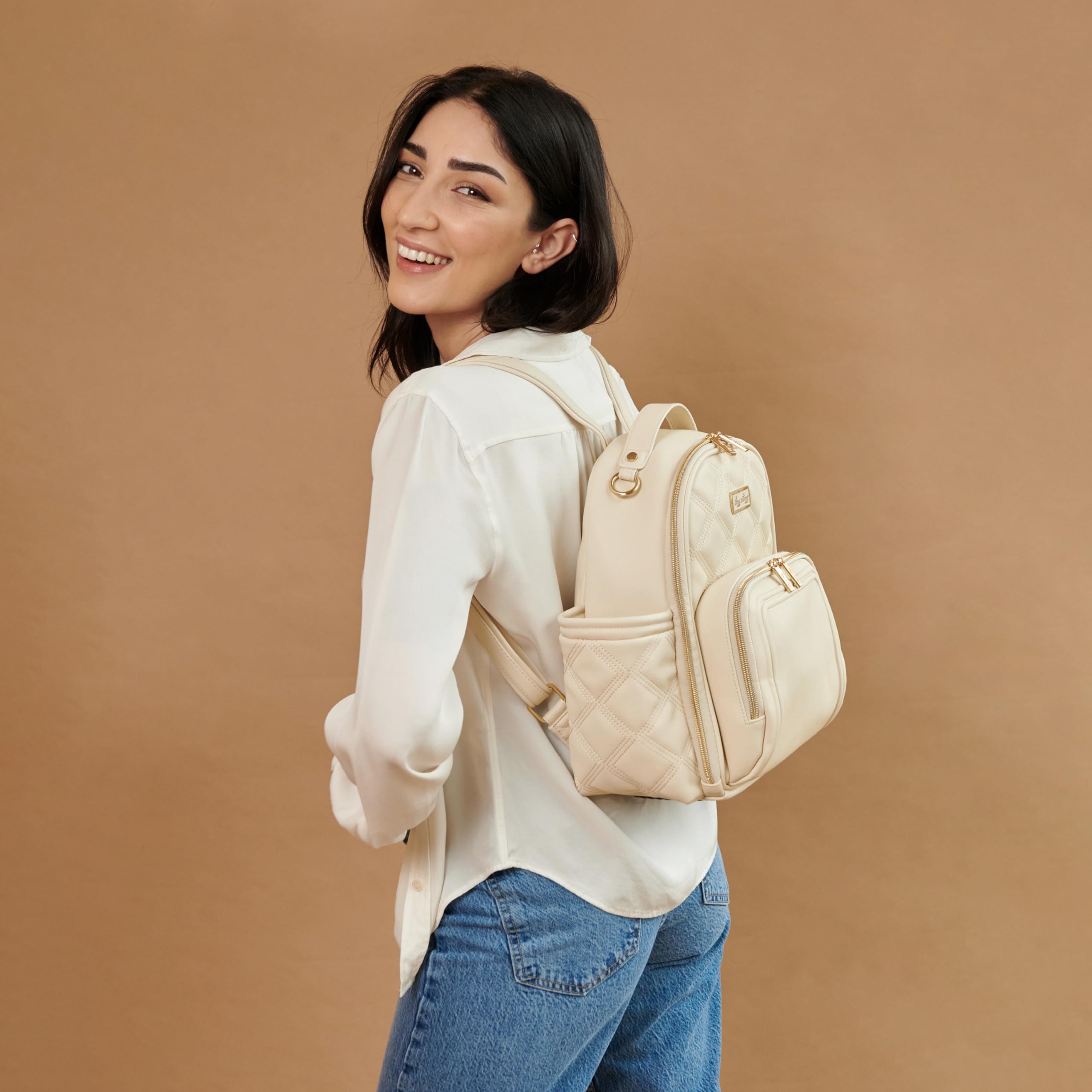 Itzy Ritzy Mini Plus Diaper Bag Backpack – Stylish Baby Bag with Changing Pad, 10 Pockets (6 Internal & 4 External), Grab Handle & Non-Slip Feet – Perfect for Moms & Travel (Milk & Honey)