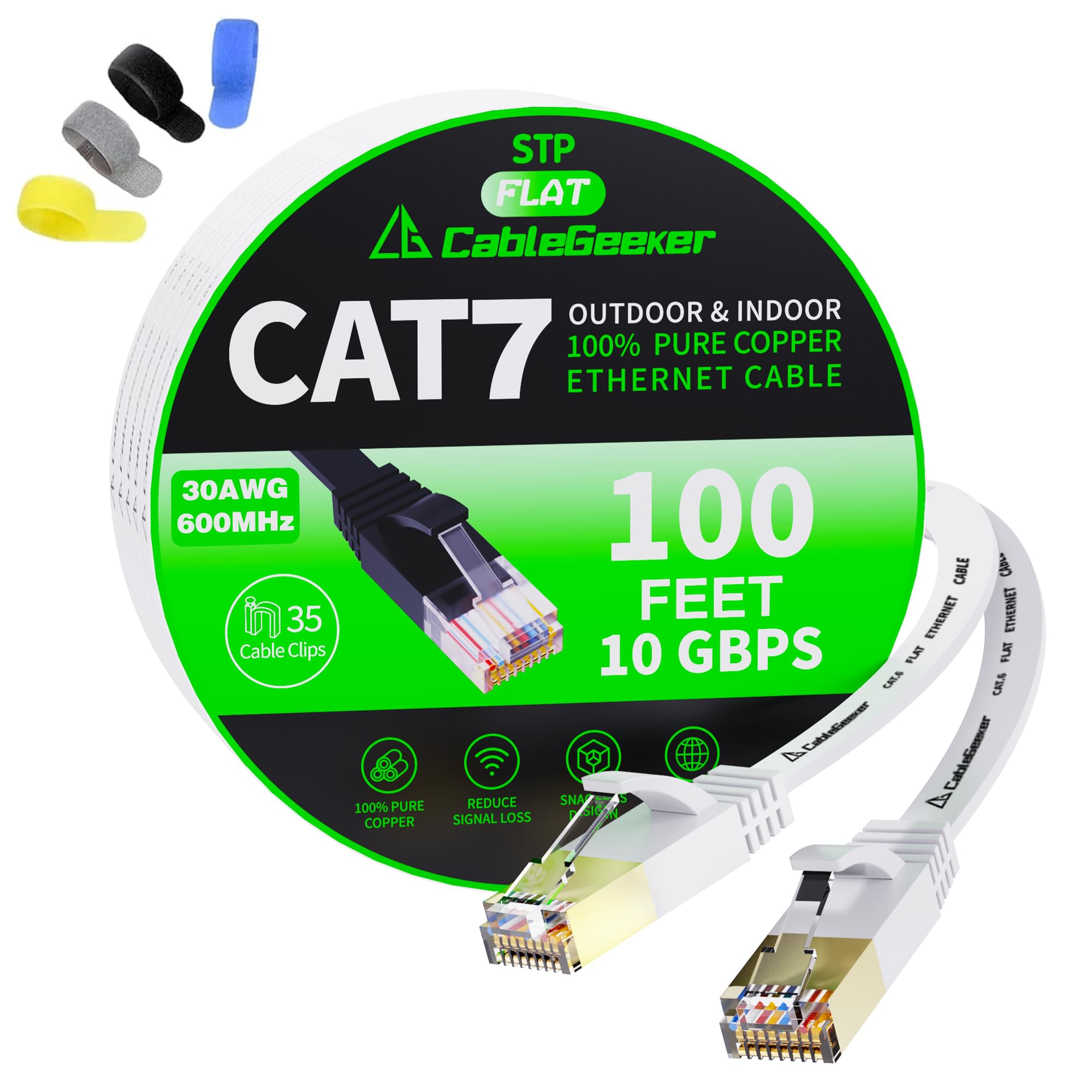 Premium Cat 7 Shielded Ethernet Cable 100ft White - High-Speed 10Gbps Network Cable, Backward Compatible with Cat5e/Cat6 - Flat Design for Home/Office Use - Perfect for Gaming, Streaming, Smart Home & Office Networking (Includes Cable Clips & Straps)