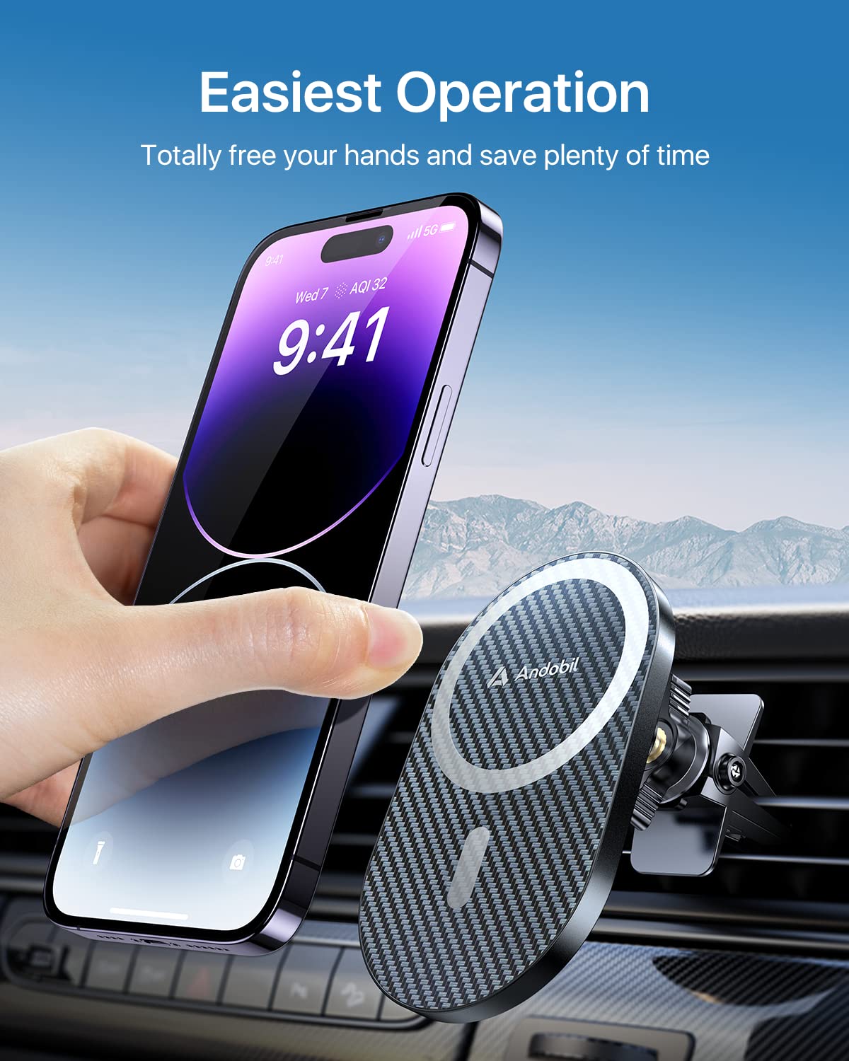 Andobil Upgraded Magsafe Car Mount Pro - Strongest Magnetic Phone Holder for iPhone 16/15/14 Pro Max & Samsung S25/S24 - 360° Rotation Vent Mount with Carbon Fiber Design - Perfect for Safe Driving & GPS Navigation