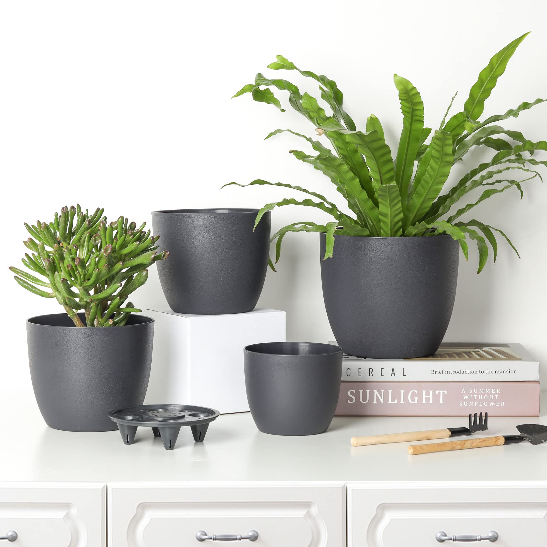 T4U 7 Inch Self Watering Planters - Set of 6 Modern Decorative Plastic Flower Pots for Indoor Plants, Herbs, Succulents, African Violets - Black Window Box Planter for Home, Office, Balcony & Garden Decor
