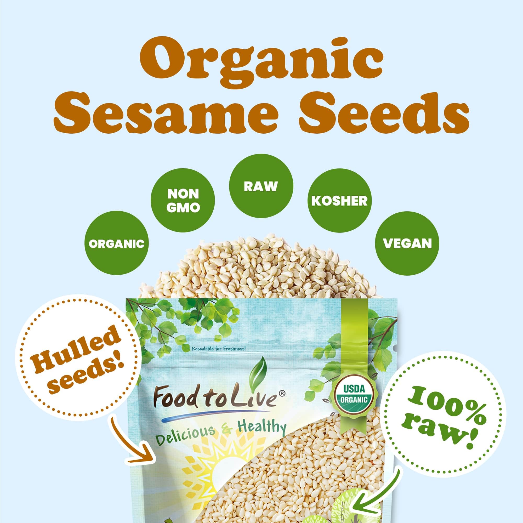 Organic Hulled Sesame Seeds 1lb - Raw White Sesame Seeds, Non-GMO, Kosher, Vegan, Unroasted Bulk | High in Iron & Calcium | Perfect for Tahini, Stir Fry, Salad, Baking & Healthy Snacks