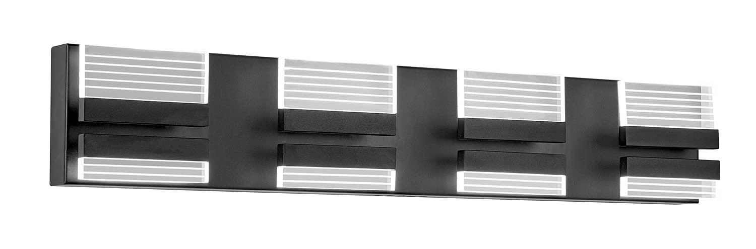Modern 4-Light LED Bathroom Vanity Lighting Fixture - Acrylic Engraved Light Guide, 6000K Cool White Daylight, Black Wall Sconce for Makeup Mirror - Perfect for Bathroom, Powder Room & Dressing Area Illumination