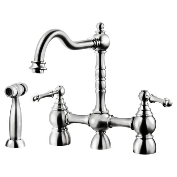 NOBS 4000 PN Two Handle Bridge Kitchen Faucet with Pull Down Side Spray in Polished Nickel - Perfect for Farmhouse Sinks and Modern Kitchen Renovations
