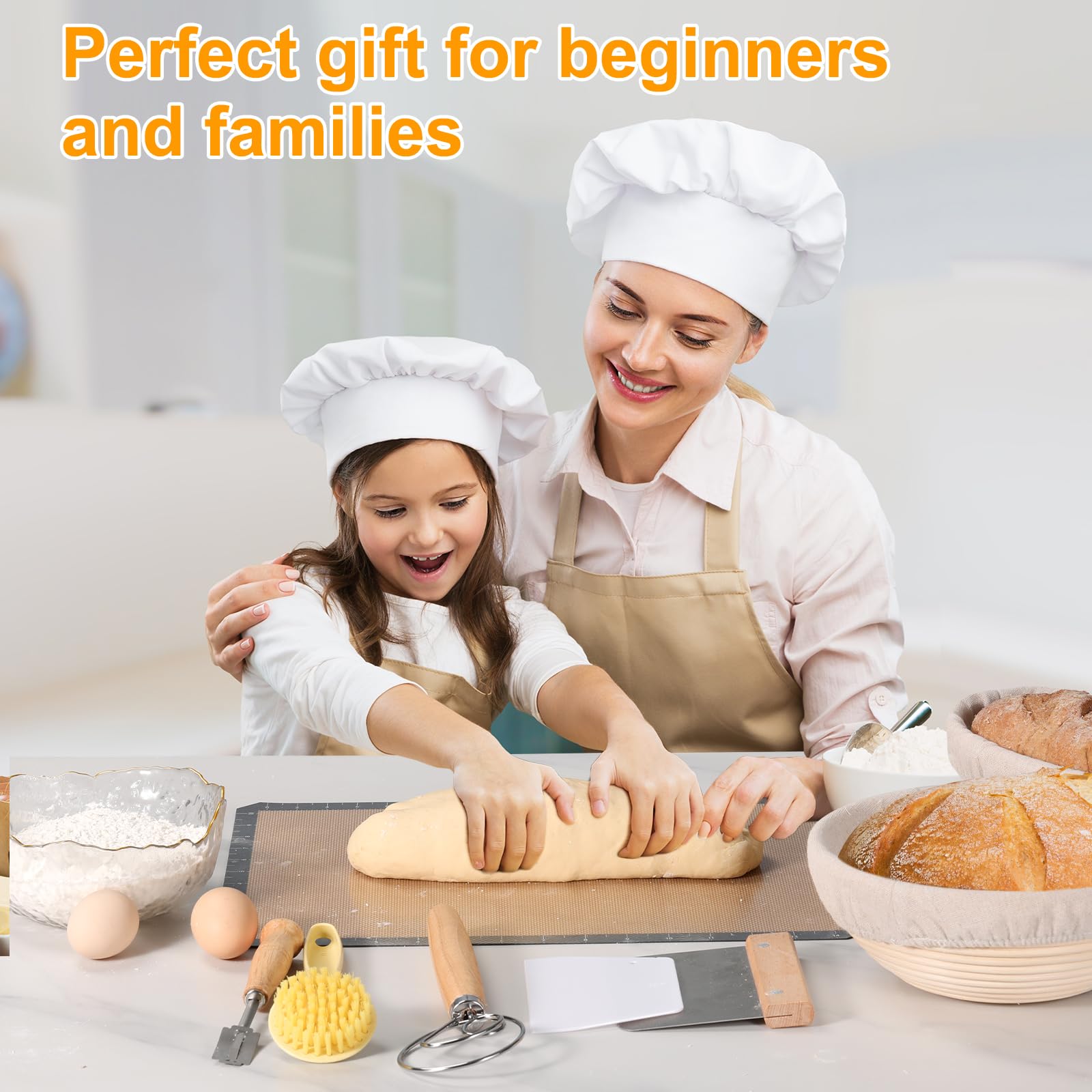 2-Pack 9 Inch Round Banneton Bread Proofing Basket Set with Silicone Bread Sling & Dough Whisk - Perfect for Sourdough Baking, Artisan Bread Making - Ideal Gift for Bakers & Home Bread Making Enthusiasts