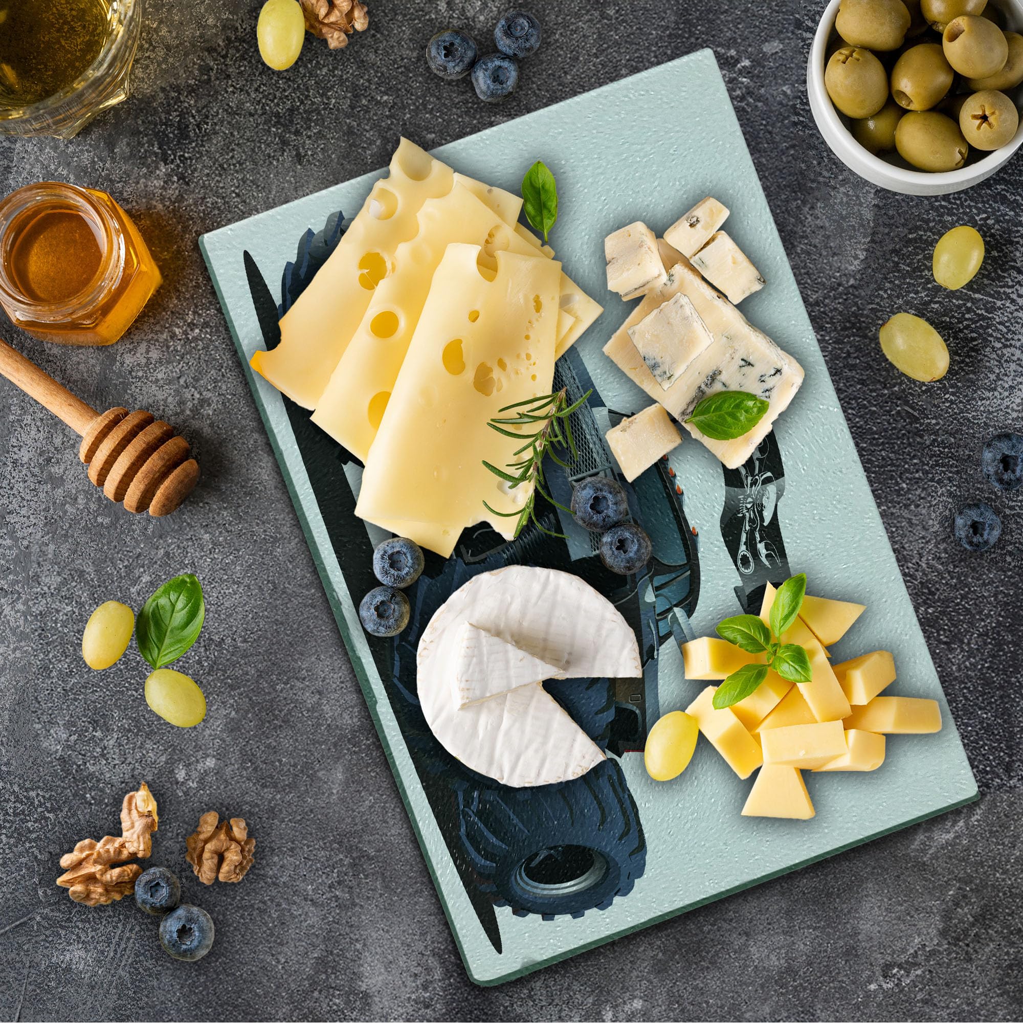 Ambesonne Cars Themed Cutting Board - Large Tempered Glass Serving Board with Monster Truck, Skull & Pirate Flag Design - Cadet Blue & White - Perfect for Kitchen Decor, Party Serving & Unique Gifts