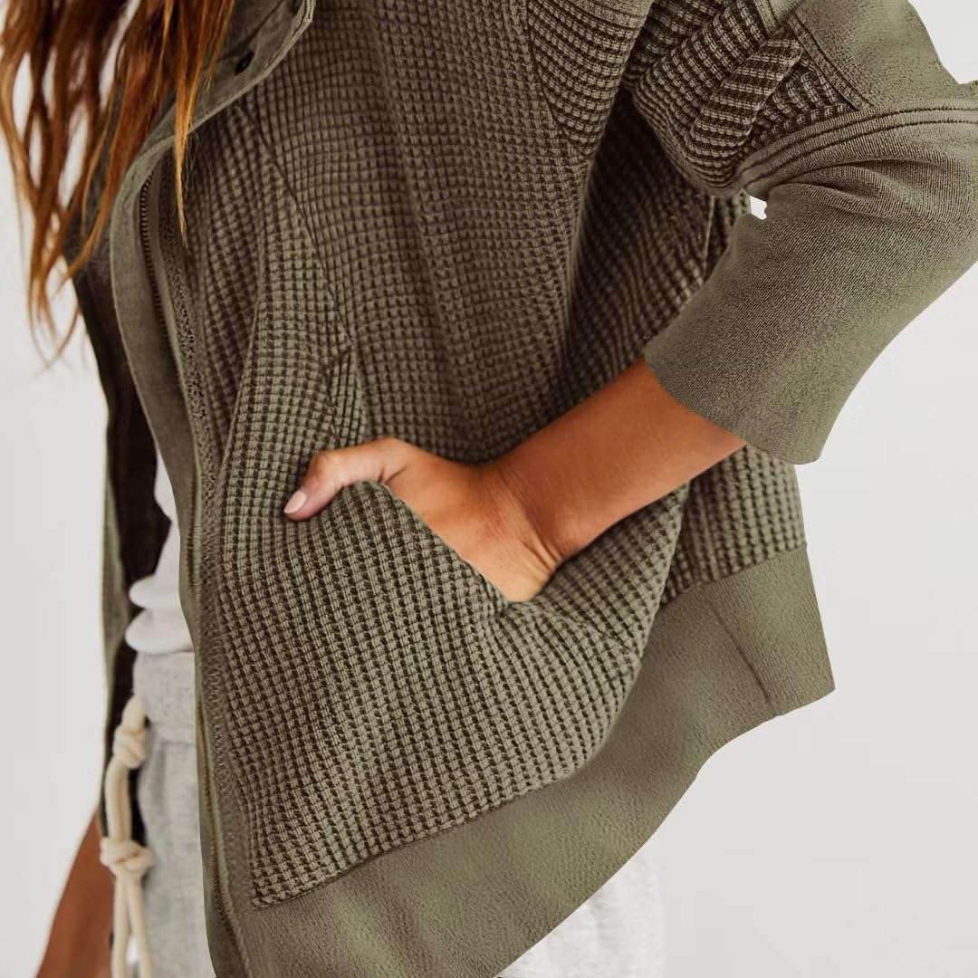Y2K Womens Waffle Knit Hooded Sweater - Thermal Ribbed Sweatshirt with Button Details & Pockets | Cozy Casual Outerwear for Fall & Winter | Perfect for Streetwear, Layering & Coffee Dates