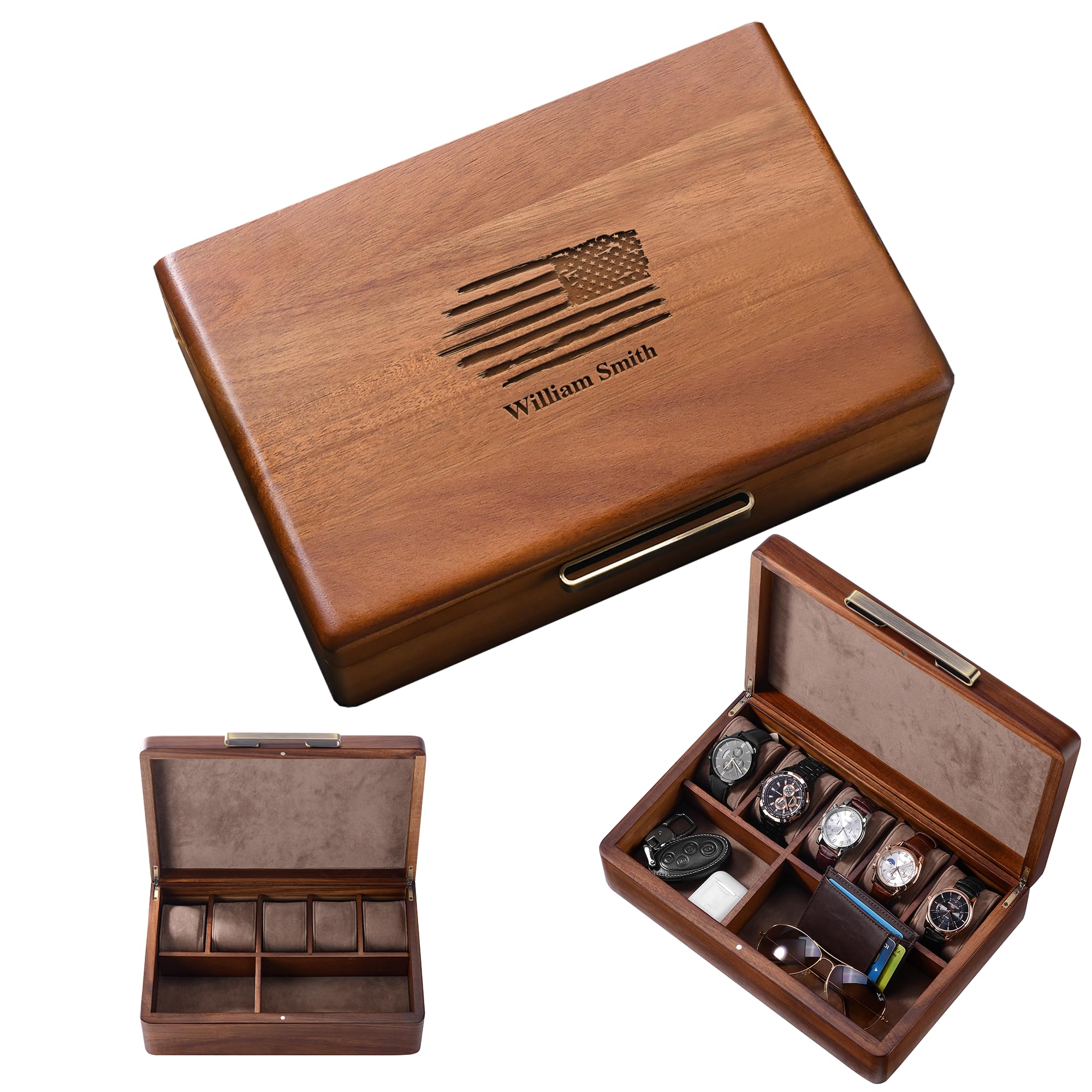 Shanik Large Wooden Watch Box for Men - 5 Slot Personalized Watch Storage Organizer with Engraving - Luxury Watch Case for Collection & Display - Perfect Gift for Watch Enthusiasts & Professionals
