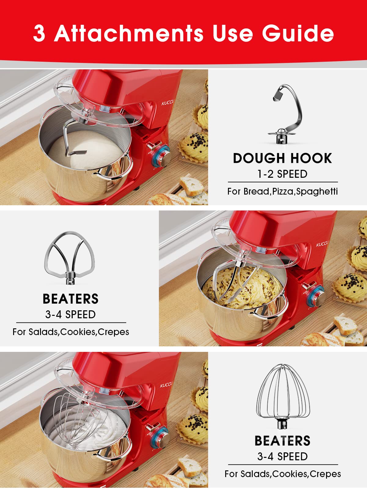 9.5 QT KUCCU Stand Mixer with 6 Speeds & Pulse Function - 660W Tilt-Head Electric Kitchen Mixer for Baking - Includes Dough Hook, Flat Beater, Whisk & Splash Guard - Dishwasher Safe - Perfect for Cakes, Cookies, Bread & Dough (Red)