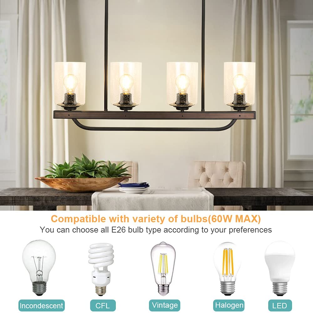Depuley 4-Light Adjustable Kitchen Island Pendant Light Fixture - Rustic Metal & Wood Chandelier with Glass Shade - Perfect for Farmhouse, Dining Room, and Bar Lighting