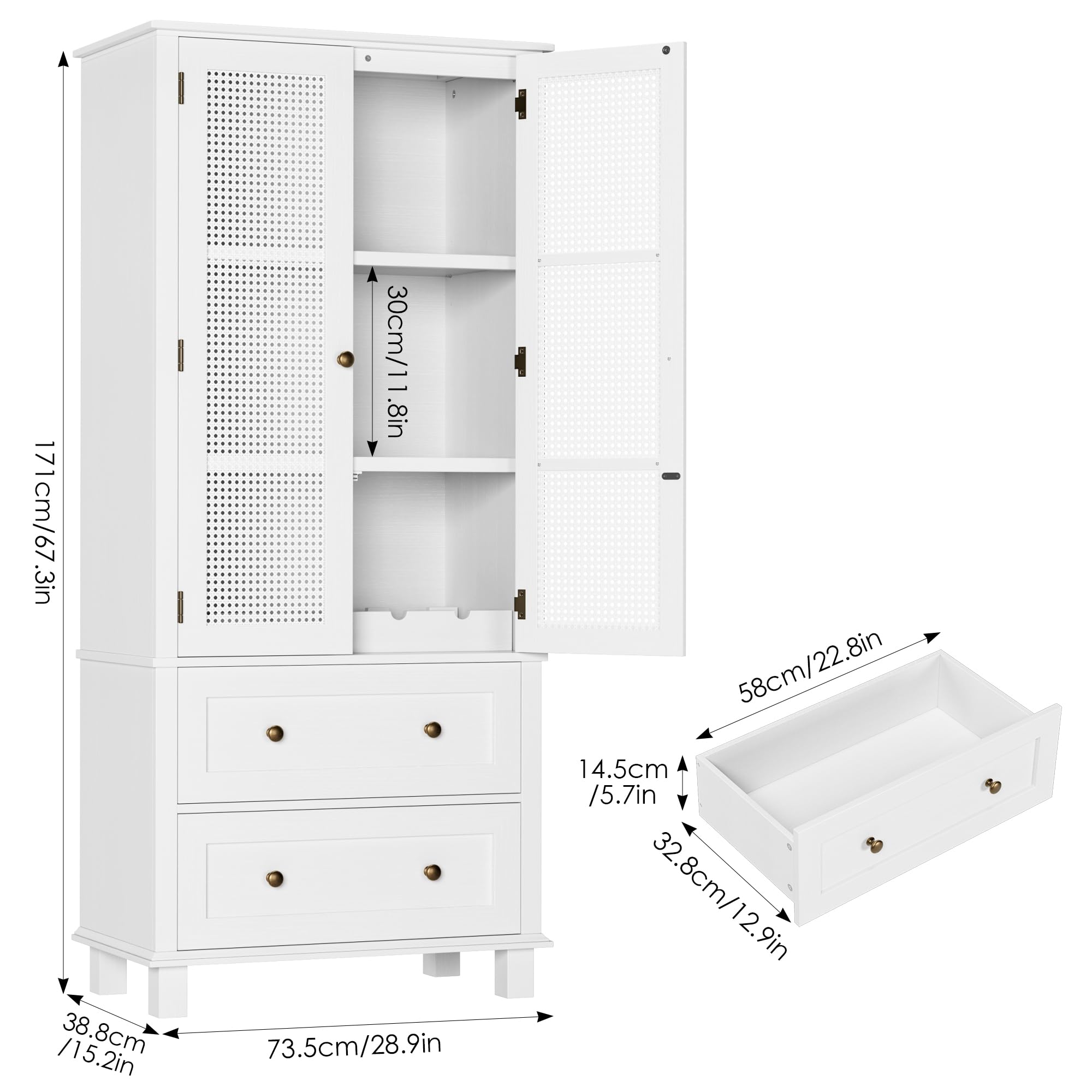 FOTOSOK White Kitchen Pantry Storage Cabinet with Rattan Doors, 2 Drawers & Adjustable Shelf - Perfect for Kitchen, Dining Room, and Home Organization
