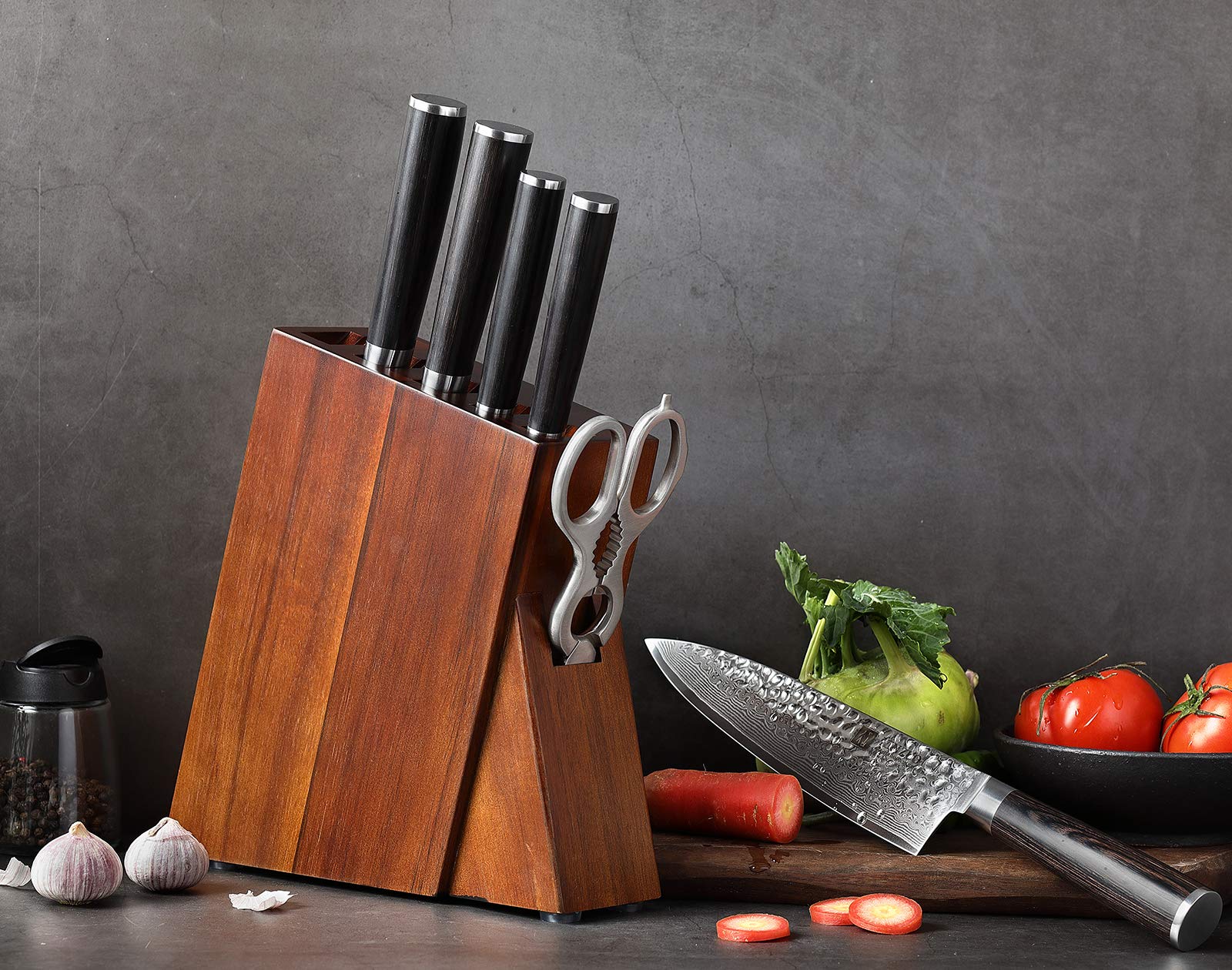 Premium 7-Piece Damascus Steel Knife Set with Wooden Block - Professional Chef Knives for Home Cooking & Culinary Gifts - Pakkawood Handle Knife Set - Perfect for Kitchen Prep, Meat Cutting & Vegetable Chopping