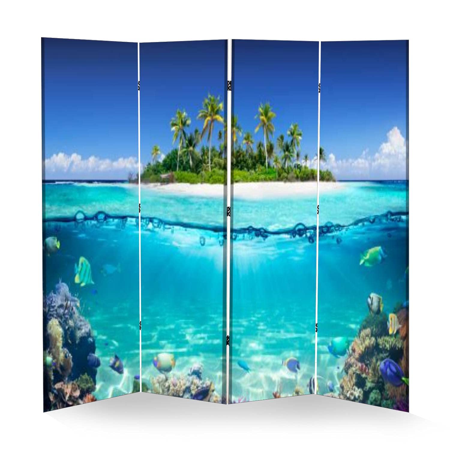4 Panel Tropical Island & Coral Reef Wall Divider - Waterline Folding Canvas Privacy Screen, Soundproof Room Partition & Freestanding Protective Separator | Perfect for Home Offices, Living Rooms & Event Spaces