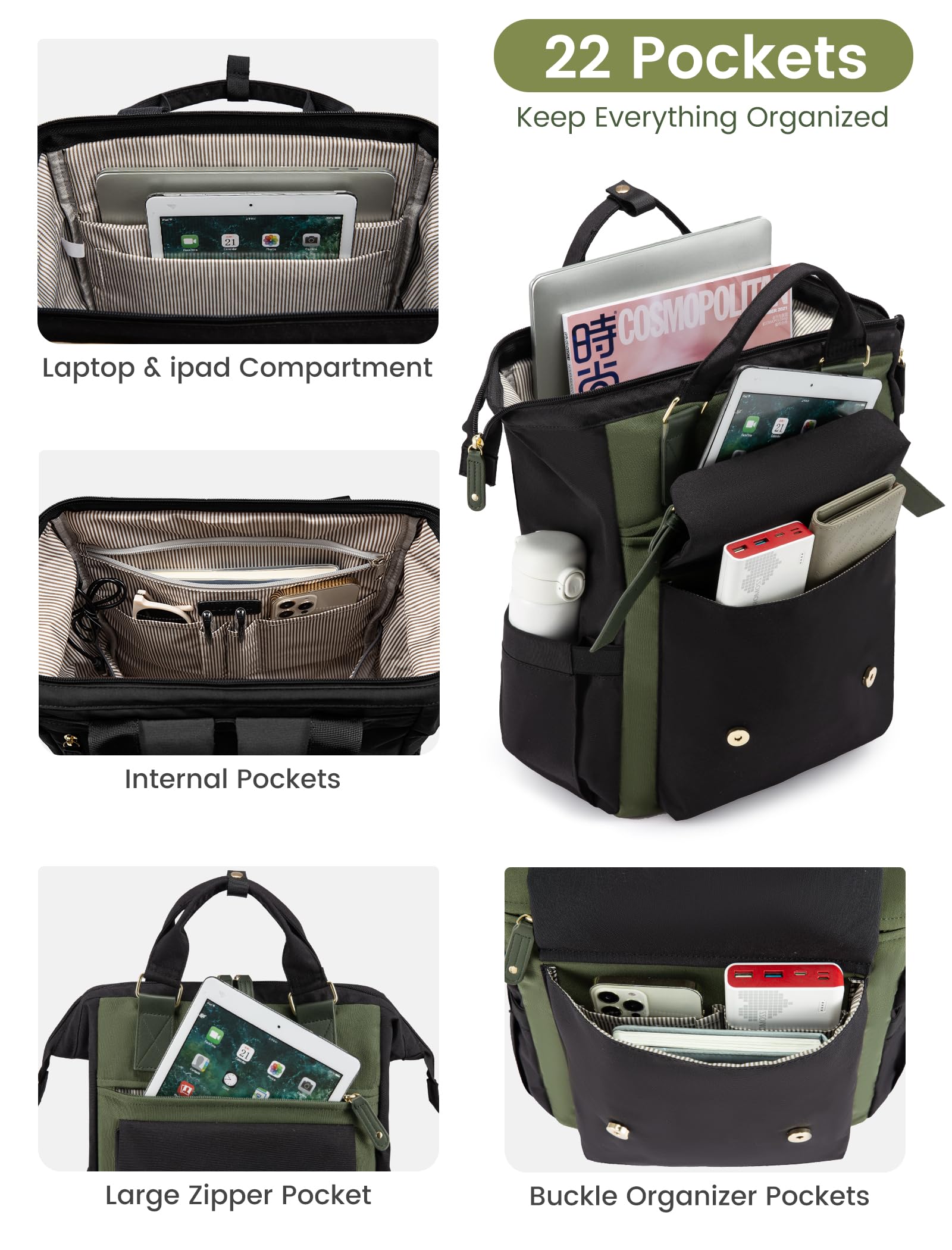 LOVEVOOK 15.6 Inch Laptop Backpack for Women - Waterproof Work Travel Backpack with Wide Opening, Professional Nurse Teacher Doctor Business Bag, College School Backpack (Black-Army Green) - Perfect for Office Commute, Business Trips & Campus Life