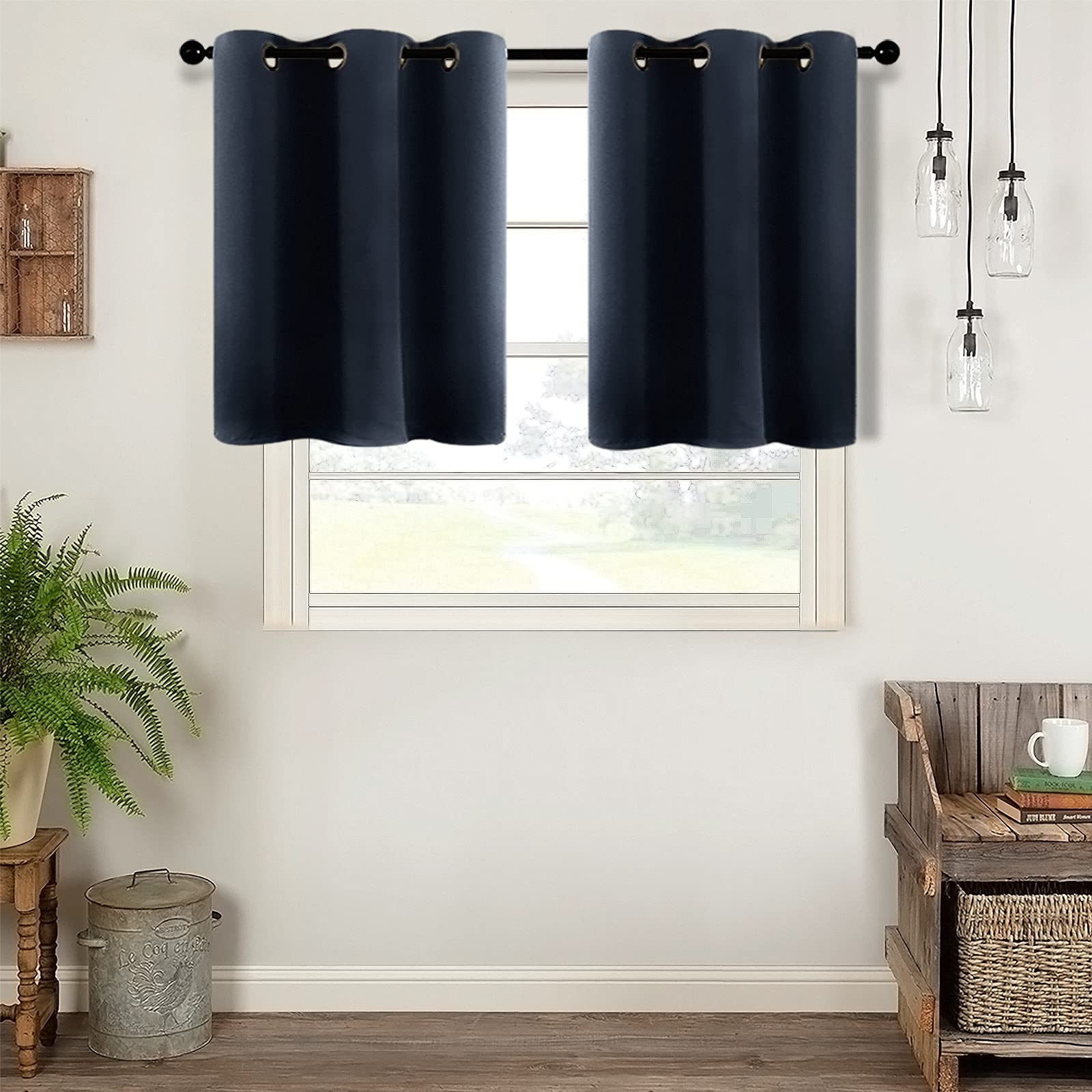 MRTREES Blackout Short Tier Curtains - 42x36 Inches, Navy Blue, Triple Weave Fabric for Kitchen, Bathroom & Cafe Windows - Grommet Top Half Window Treatment (2 Panels) | Perfect for Privacy, Light Control & Home Decor