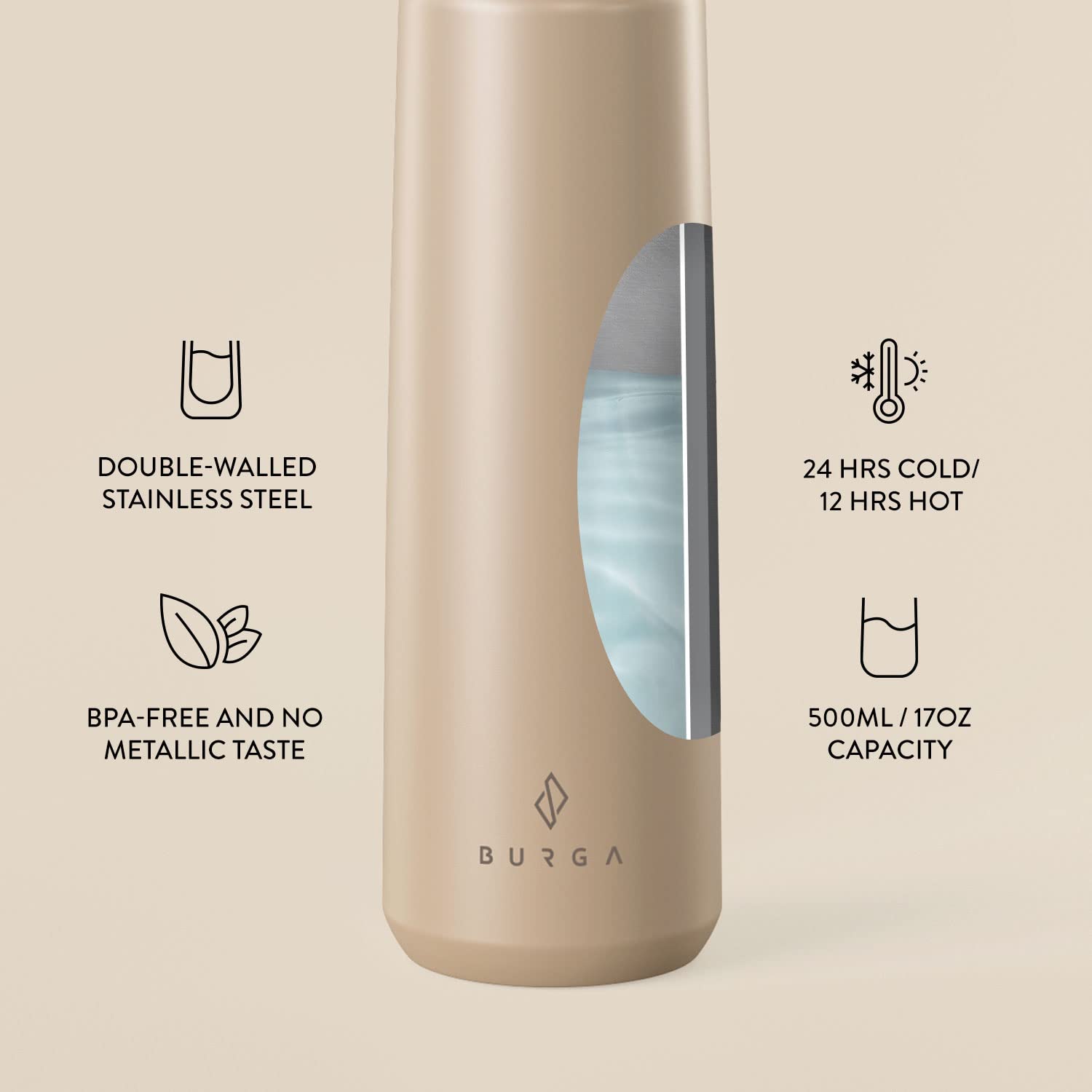 BURGA 17oz Insulated Stainless Steel Water Bottle - Keeps Drinks Hot or Cold for 24 Hours - Leakproof & Anti-Slip Design - Eco-Friendly Reusable Water Bottle for Gym, Hiking, Office & Travel (Nude)