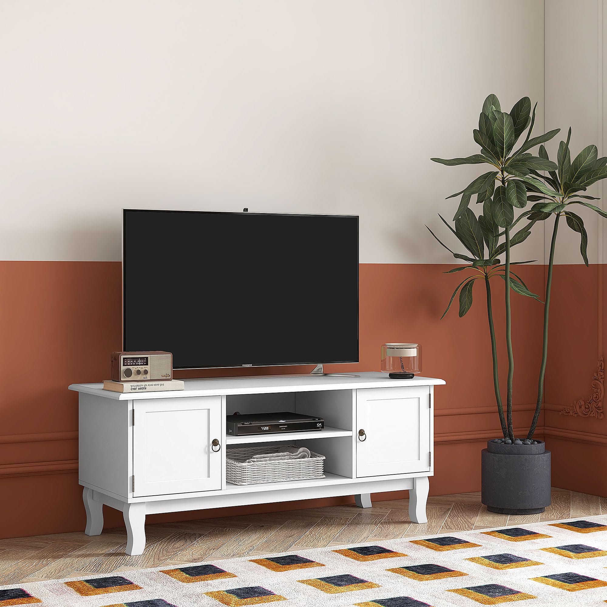 HOMCOM 50 Inch TV Stand with Wooden Doors - Classic Matt White Entertainment Center for Flat Screen TVs 120×45×50.5cm - Perfect for Living Room, Bedroom & Home Theater Setup