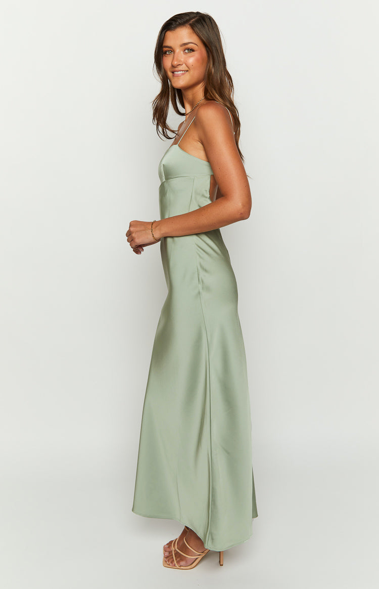 Amour Sage Satin Maxi Dress - Elegant Long Formal Evening Gown for Women, Wedding Guest Dress, Prom & Special Occasions