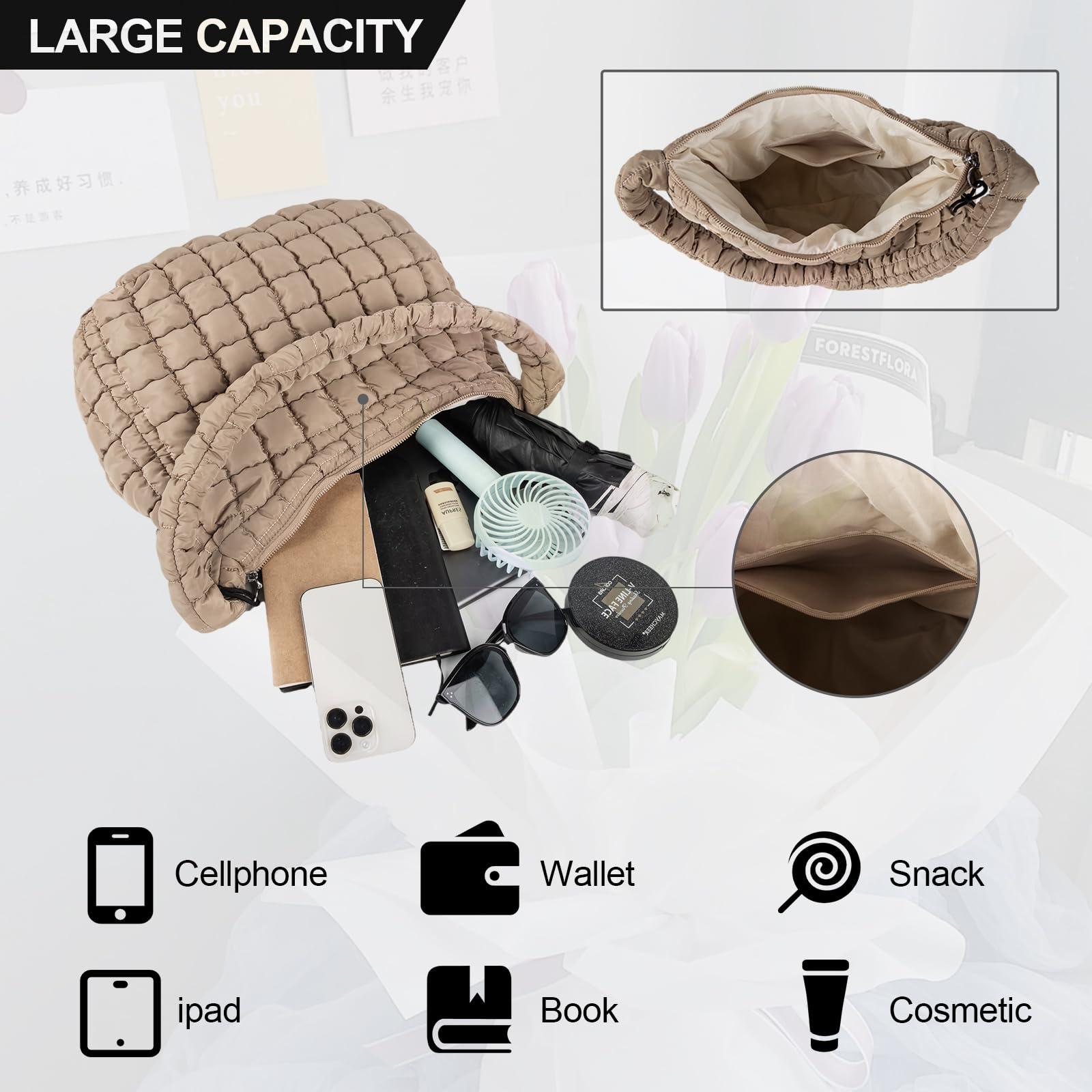 Quilted Puffer Crossbody Bag for Women - Large Lightweight Tote Shoulder Bag with Padding, Hobo Carryall Purse for Gym, Work & Travel | Casual Outfits, Daily Commute & Shopping