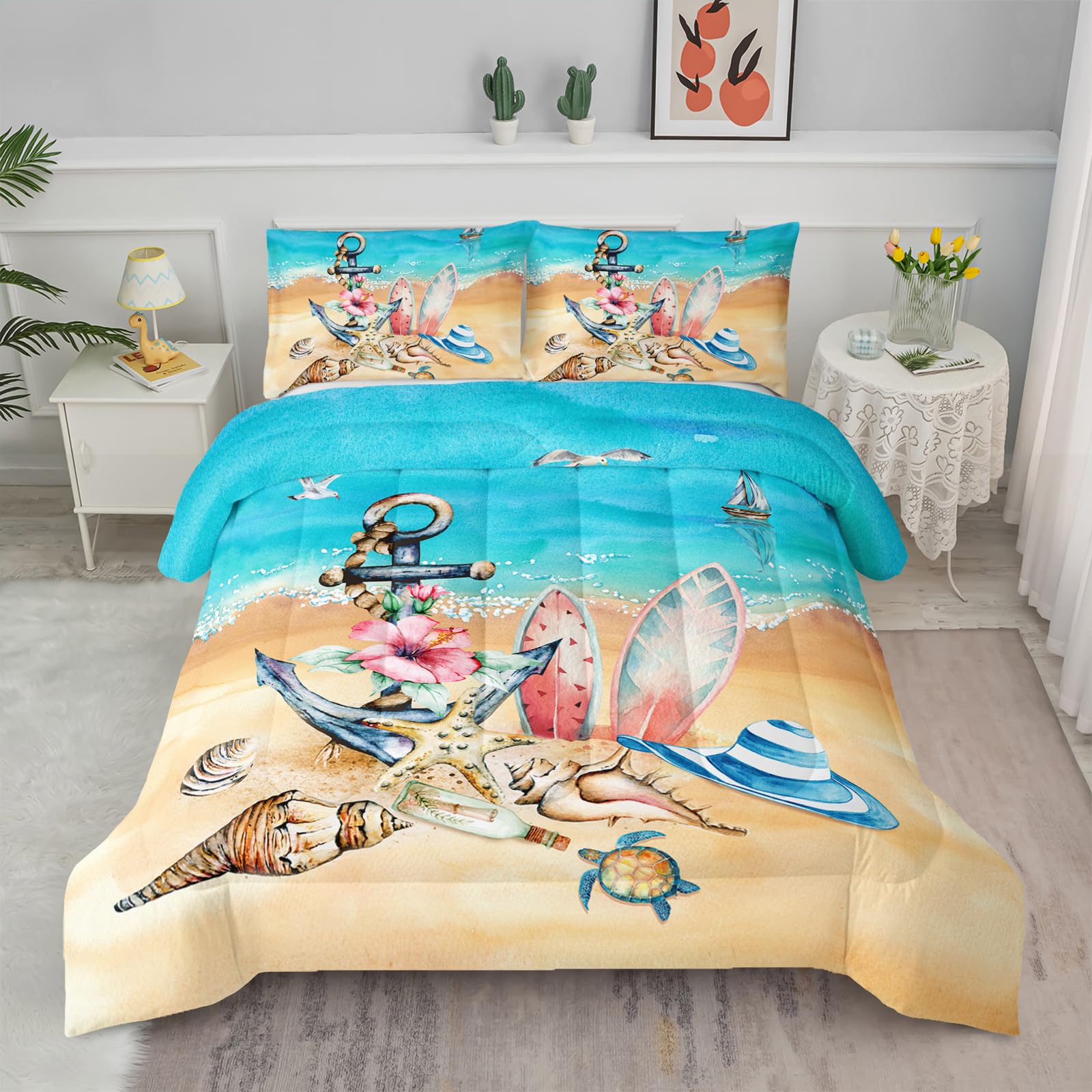 Coastal Beach Themed Axolotl Twin Comforter Set - Ocean Printed Anchor Bedding for Kids, Teens & Adults | Blue Nautical Decor with 1 Comforter & 2 Pillowcases | Perfect for Beach House, Dorm Room or Coastal-Themed Bedroom