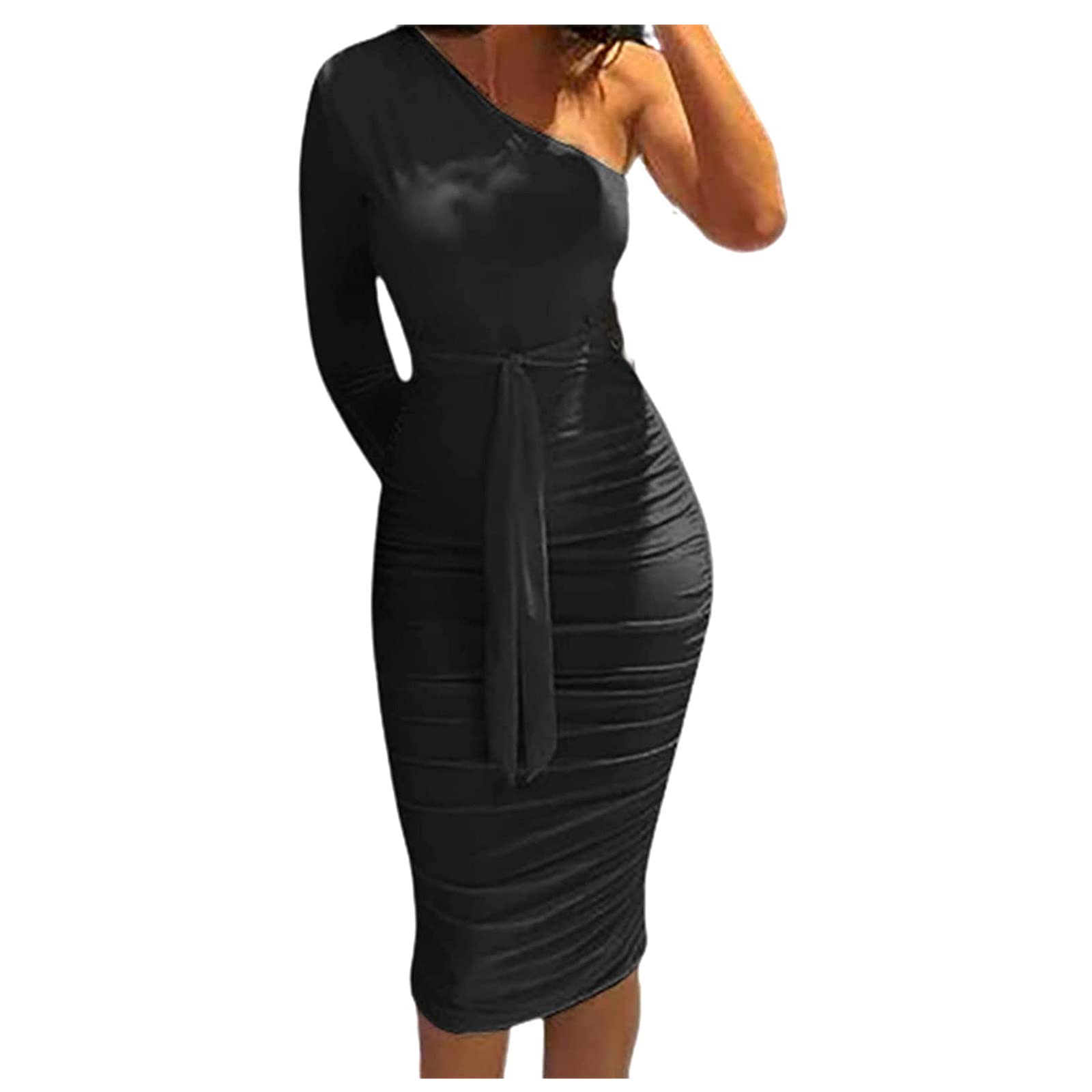 Elegant One Shoulder Formal Dress for Women - Long Sleeve Ruched Midi Dress with Belt | Sexy Printed Party Gown for Evening Events, Prom, Cocktail Parties & Special Occasions