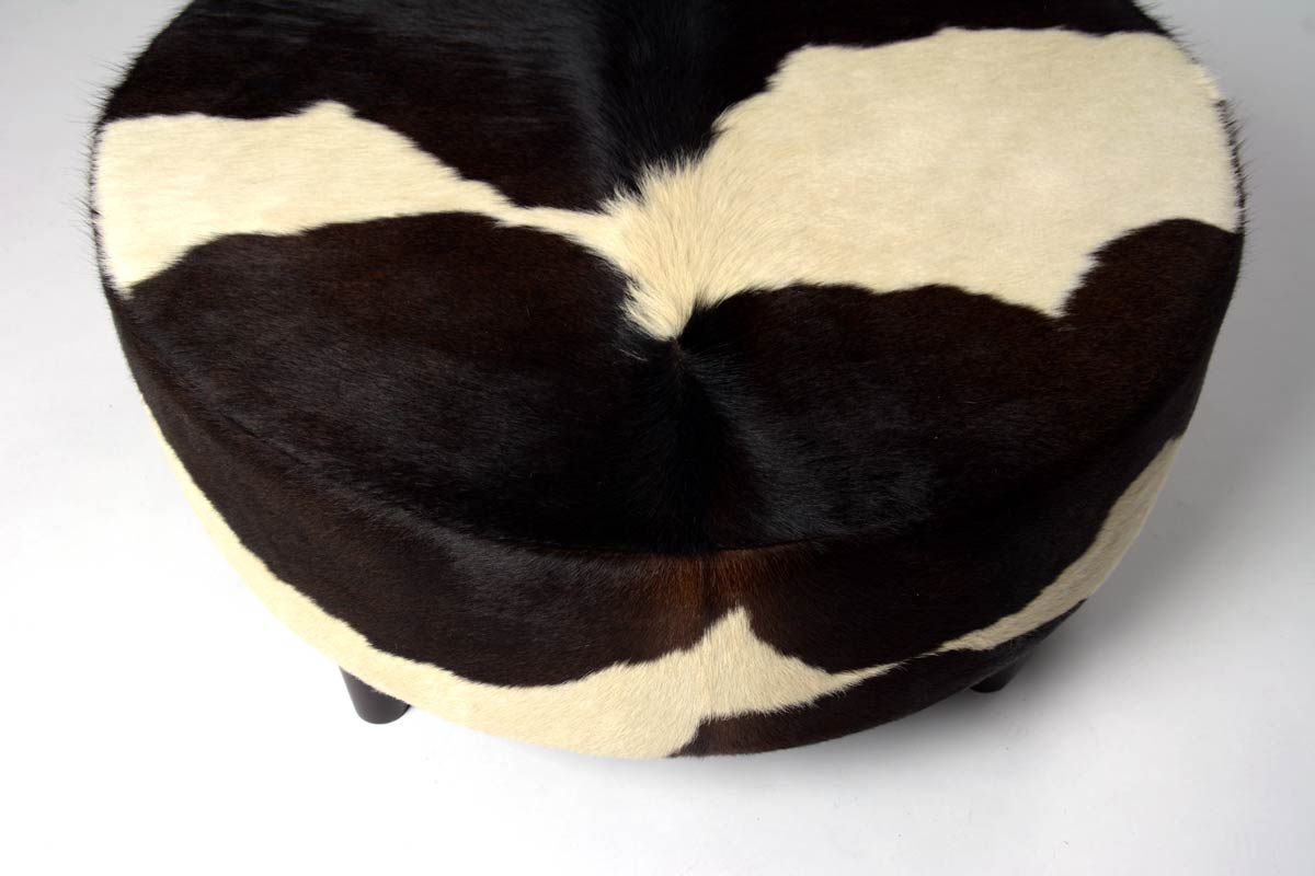 Premium Round Cowhide Ottoman with Wooden Legs - 32