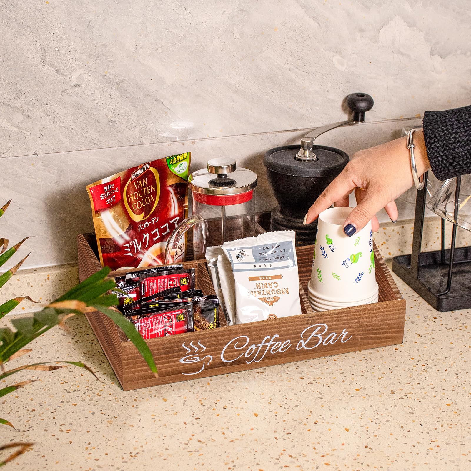 Rustic Brown Wooden Coffee Bar Organizer - Farmhouse Kitchen Counter Accessories Box for Tea, Condiments, Pods, Syrup, Bags, Cups & Stirrers - Wooden Storage Basket for Coffee Station - Perfect for Home, Office & Cafe Decor