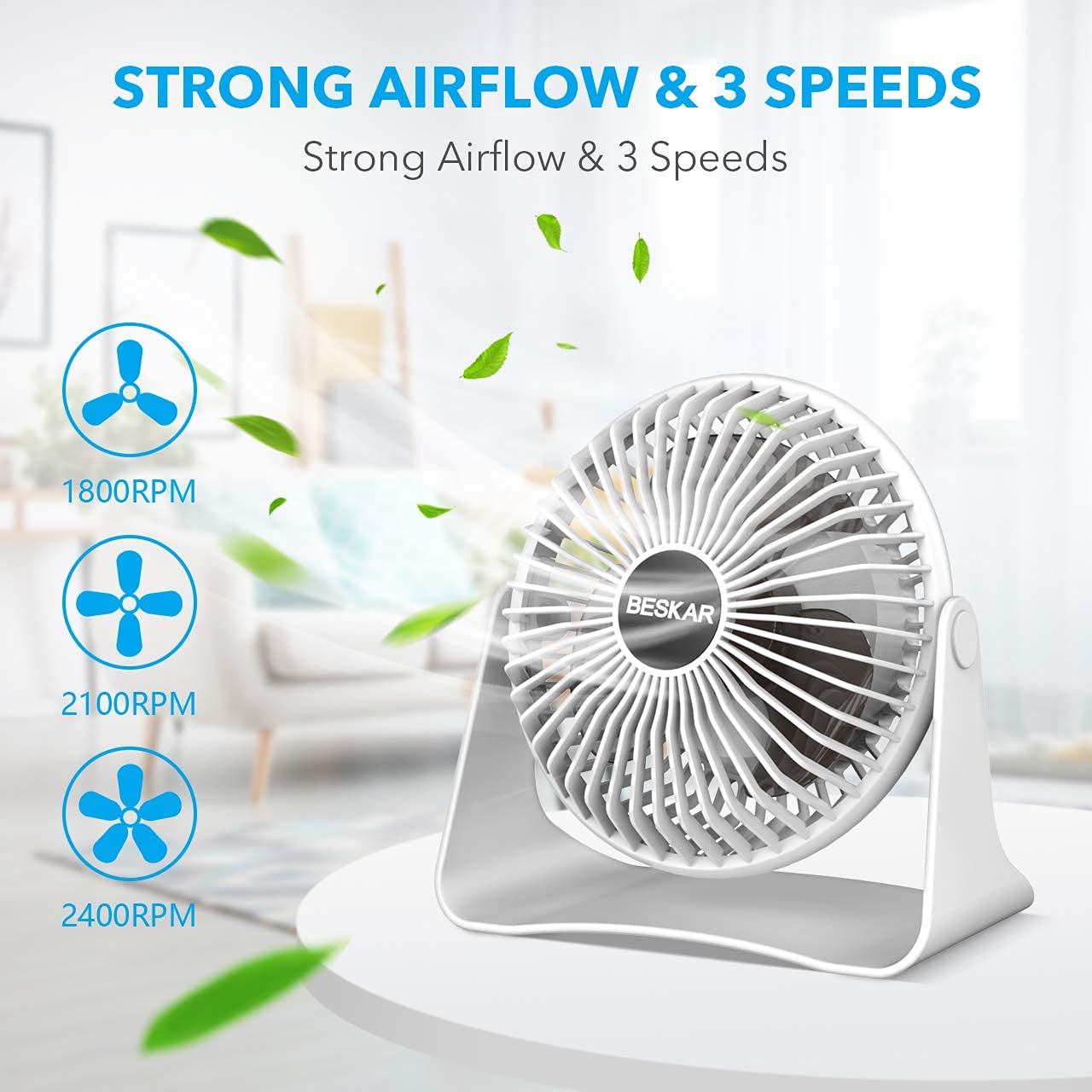 2-Pack Small Desk Fan & Clip-On Fan - Portable USB Mini Fan for Office, Home, Bedroom - Quiet Cooling Fan for Work, Study & Travel - White