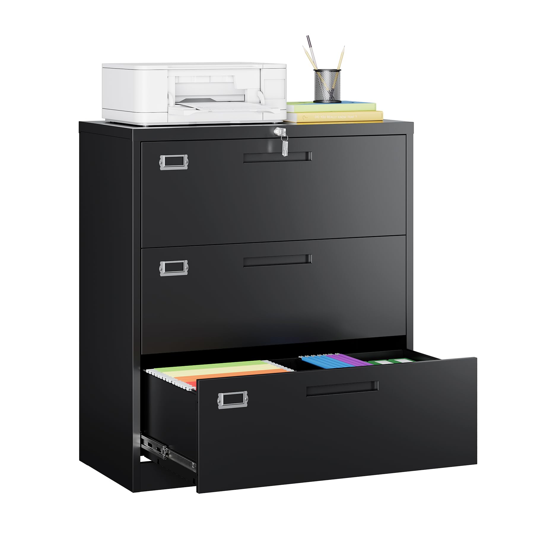 MIIIKO 3-Drawer Lateral File Cabinet with Lock - Metal Storage Cabinet for Letter, Legal, F4 & A4 Hanging Files - Secure Office Organization for Documents, Contracts & Records - Perfect for Home Office, Business & Professional Workspaces