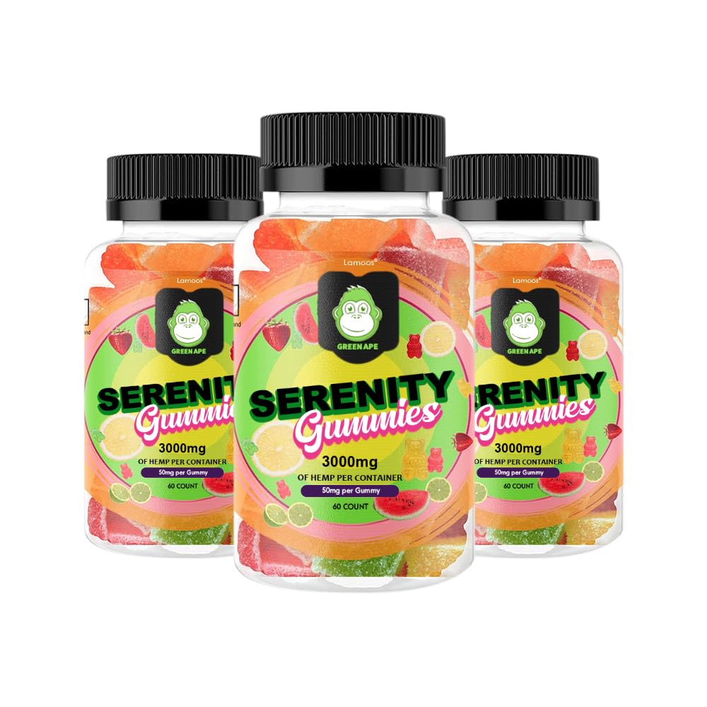 Green Ape Serenity Gummies - 3 Pack (180 Count) | Stress Relief & Relaxation Supplement | Vegan CBD Gummies for Sleep, Anxiety & Calm | Perfect for Nighttime, Travel & Daily Wellness