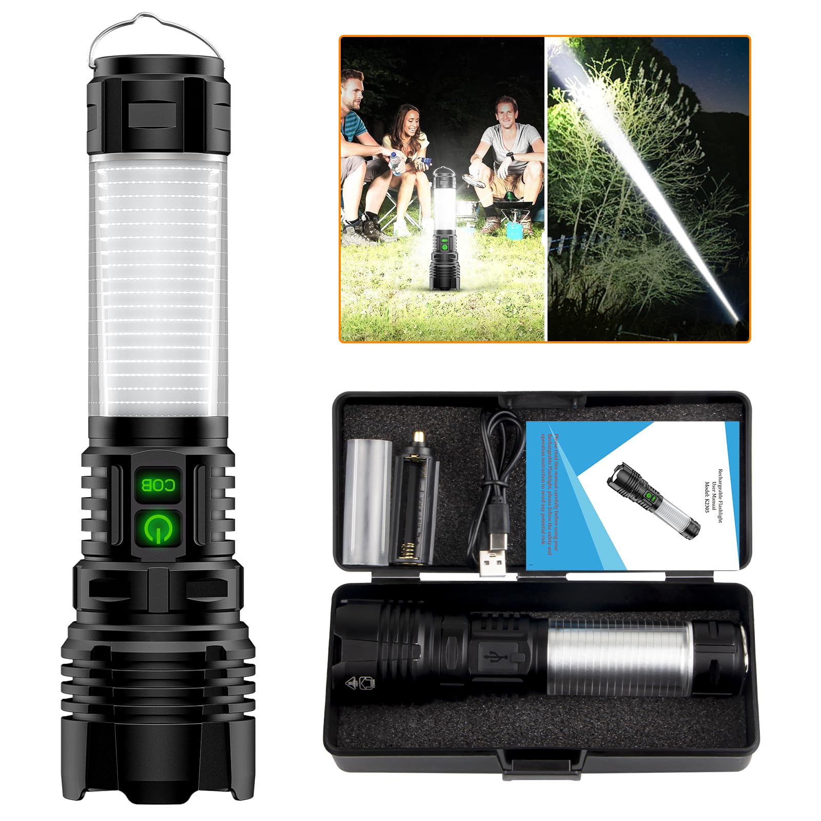Super Bright LED Flashlight 100000 Lumens - Waterproof Zoomable for Camping & Hiking