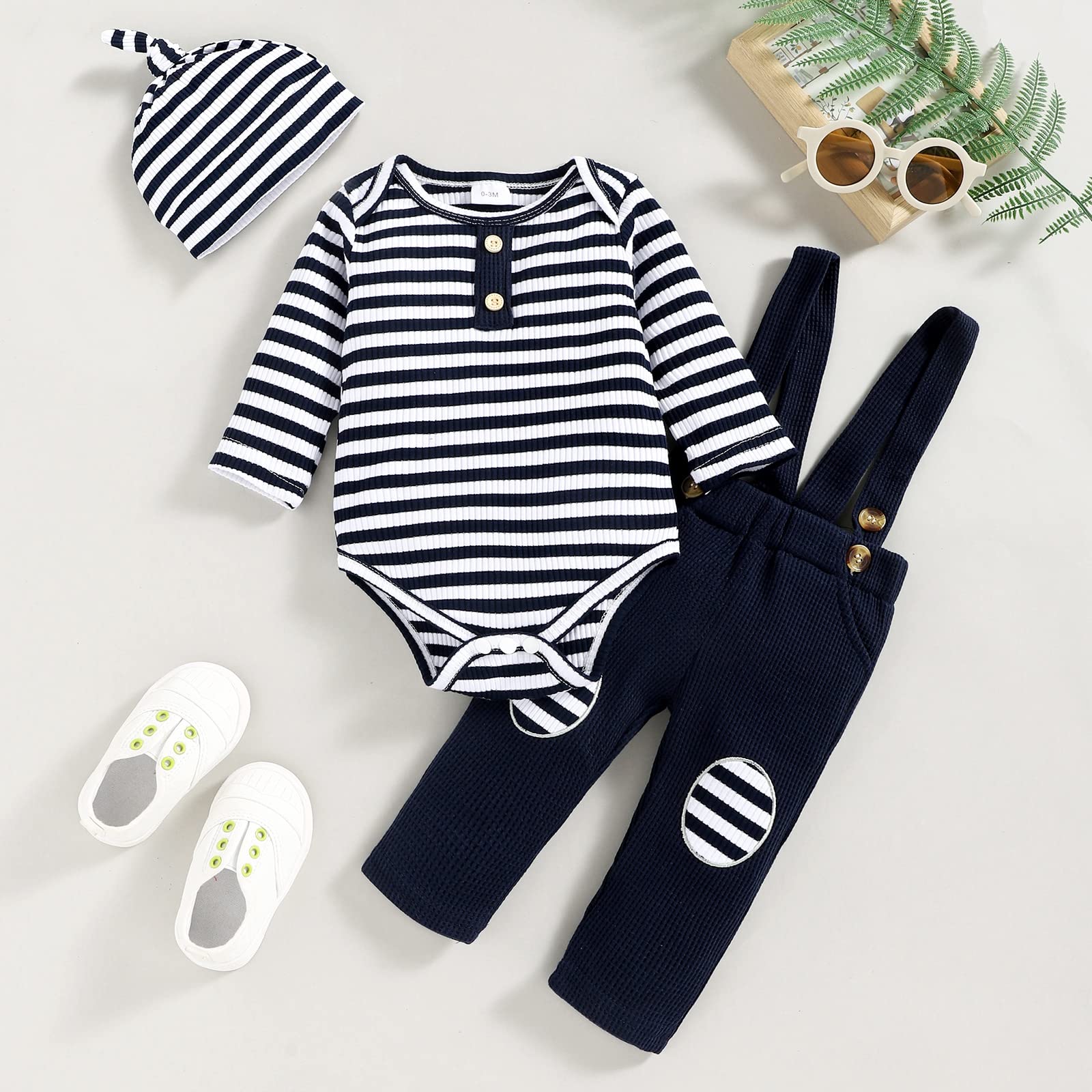 Baby Boy Clothes Set - Newborn Fall Winter Outfit with Long Sleeve Striped Romper, Overalls, Suspenders & Hat | Warm Winter Baby Clothes for Boys 0-24 Months | Perfect for Family Photos, Holiday Outings & Daily Wear
