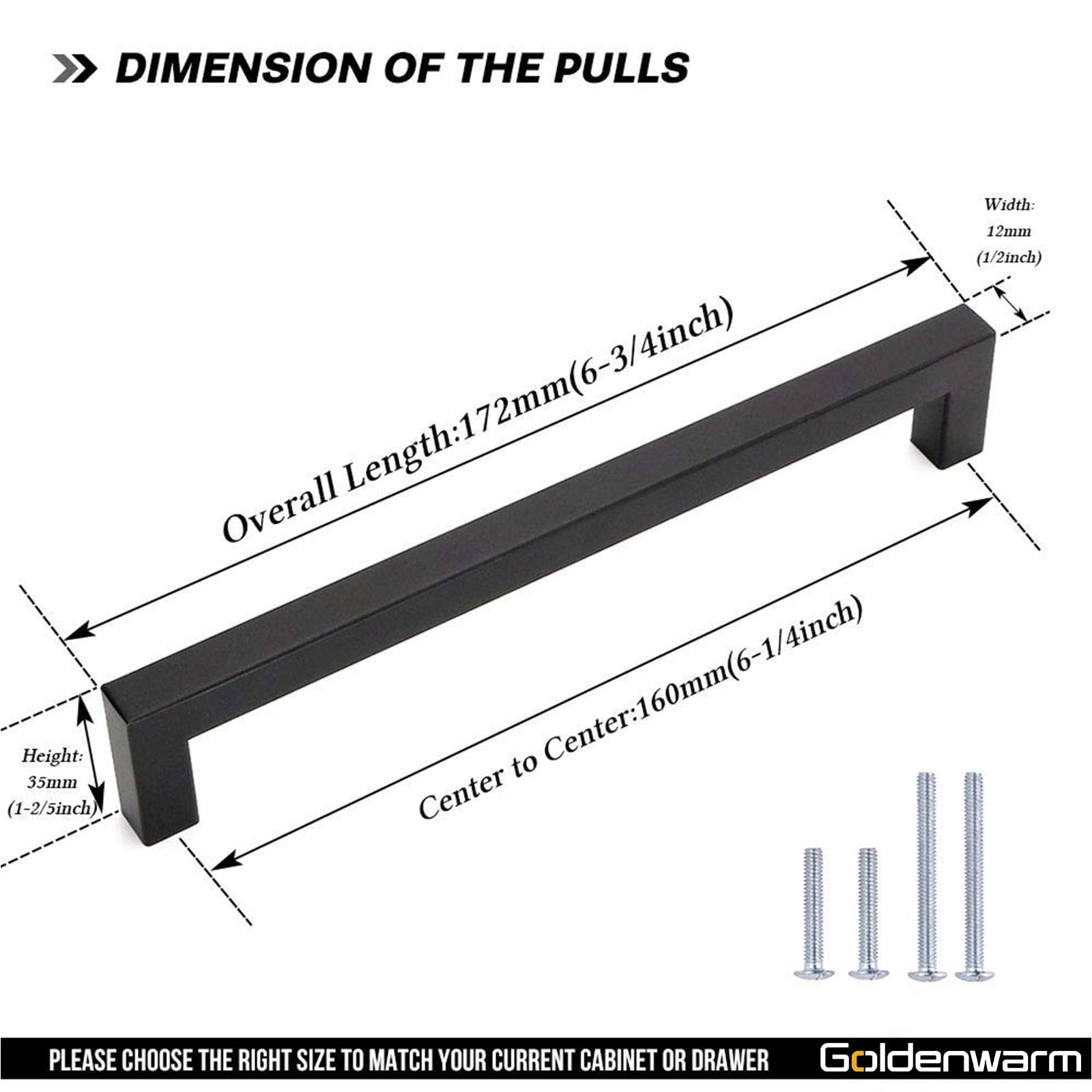 GoldenWarm 45 Pack 6-1/4 Inch Black Square Cabinet Pulls - Stainless Steel Modern Drawer Handles for Kitchen & Bathroom Cabinets (160mm Center to Center) - Perfect for Home Renovation & Furniture Upgrade
