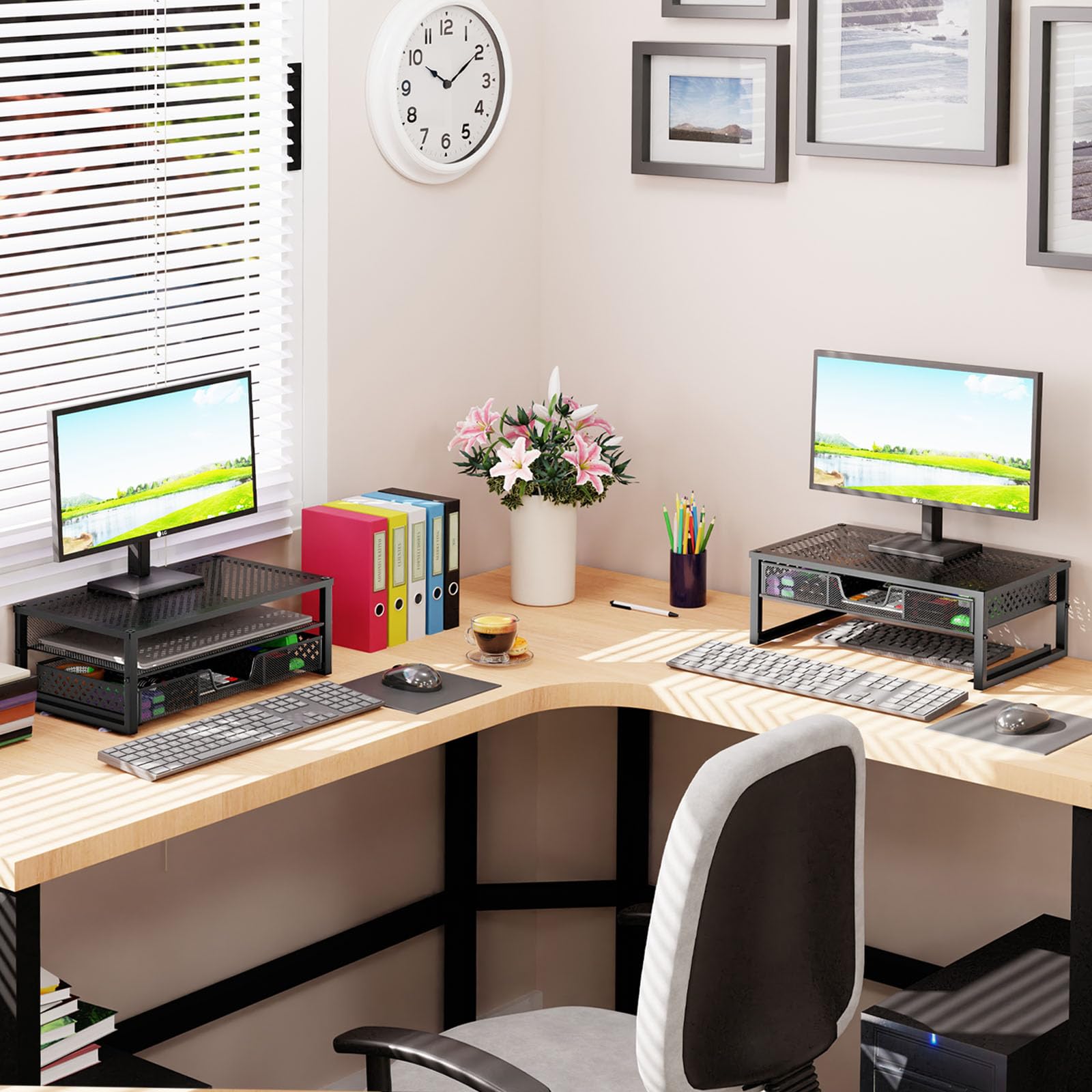 Simple Trending Metal Monitor Stand Riser with Drawer - Black Computer Desk Organizer for Laptop, iMac, and PC - Perfect for Home Office and Gaming Setup