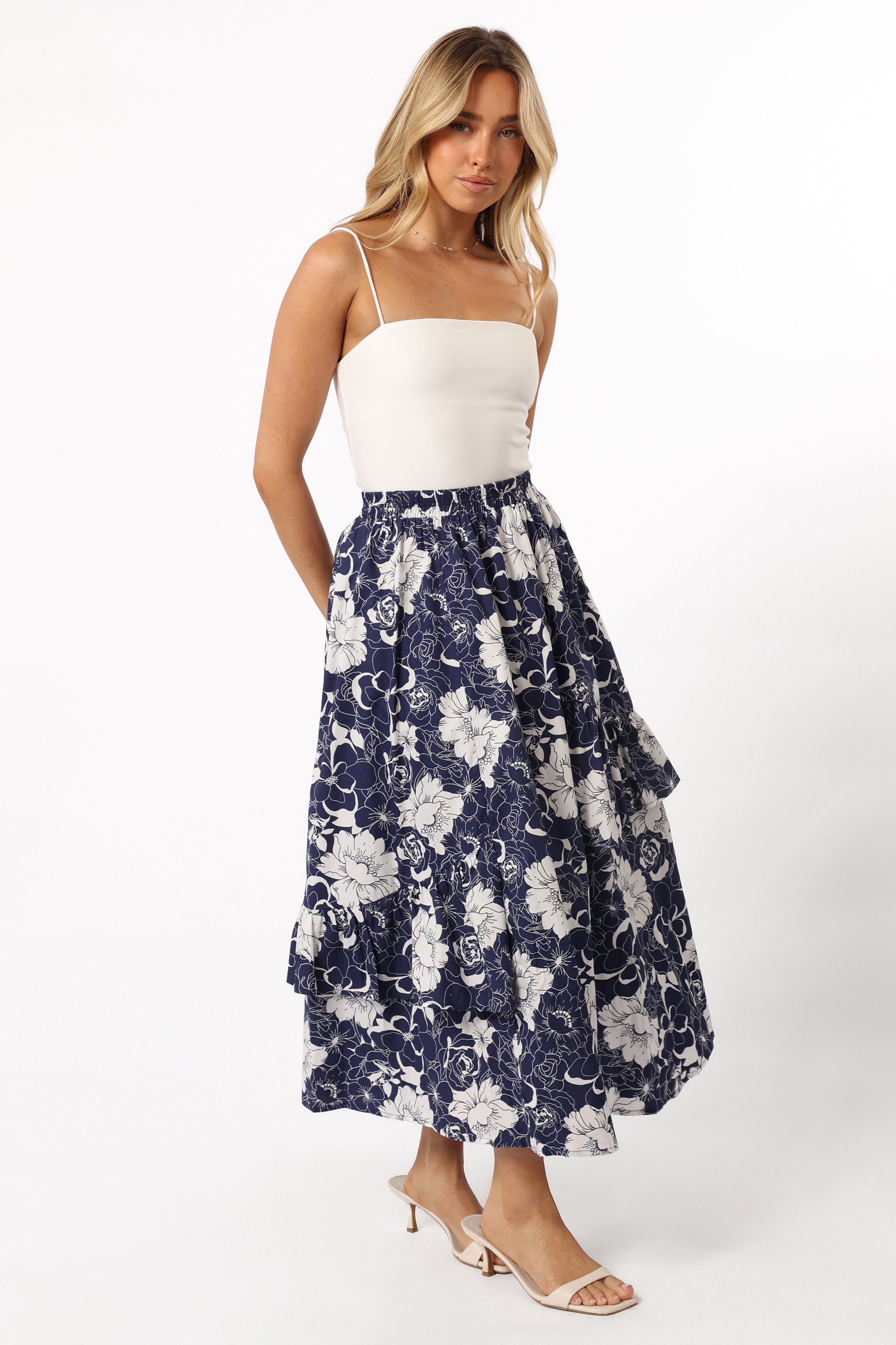 Josephine Tiered Midi Skirt for Women - Navy Blue Flowy Summer Skirt | Casual & Boho Style | Perfect for Beach, Vacation & Everyday Wear