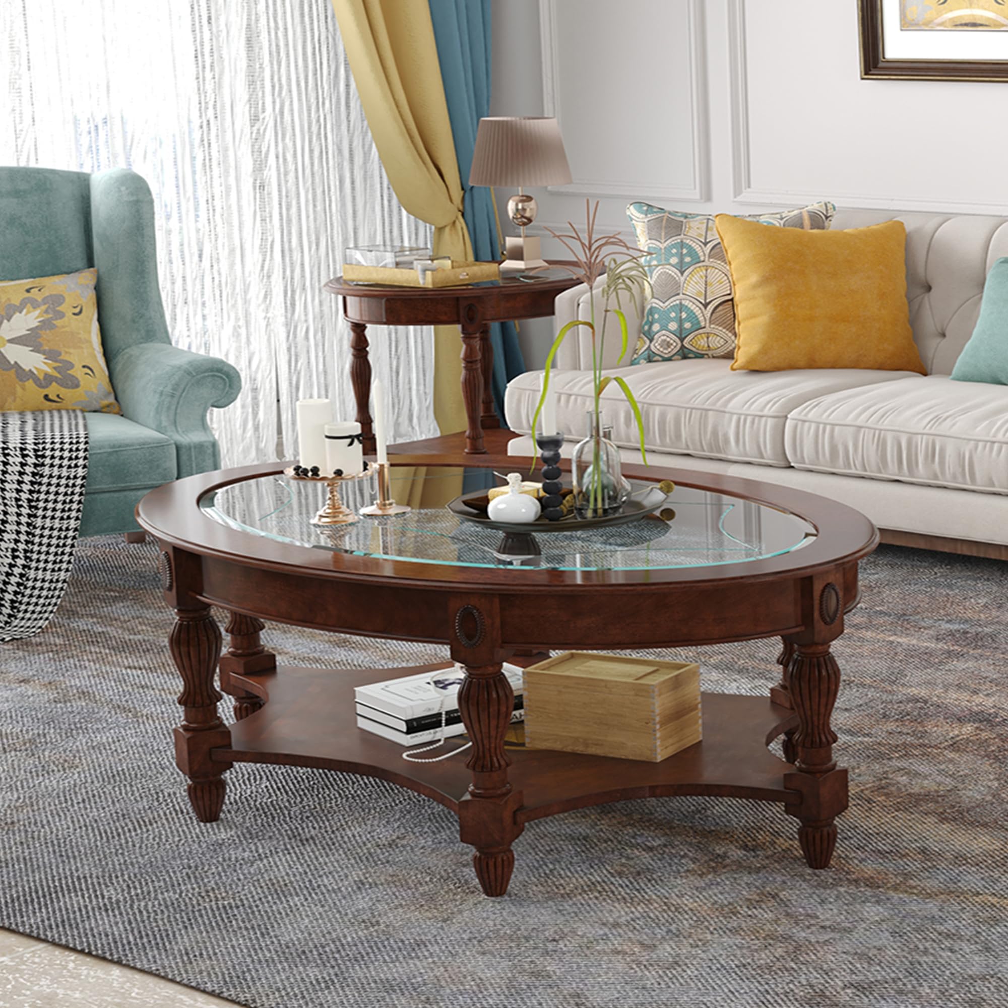 PADMA HOUSE Solid Wood Oval Coffee Table with Tempered Glass Top - Traditional Cherry Walnut Finish for Living Room, Family Room & Lounge Areas