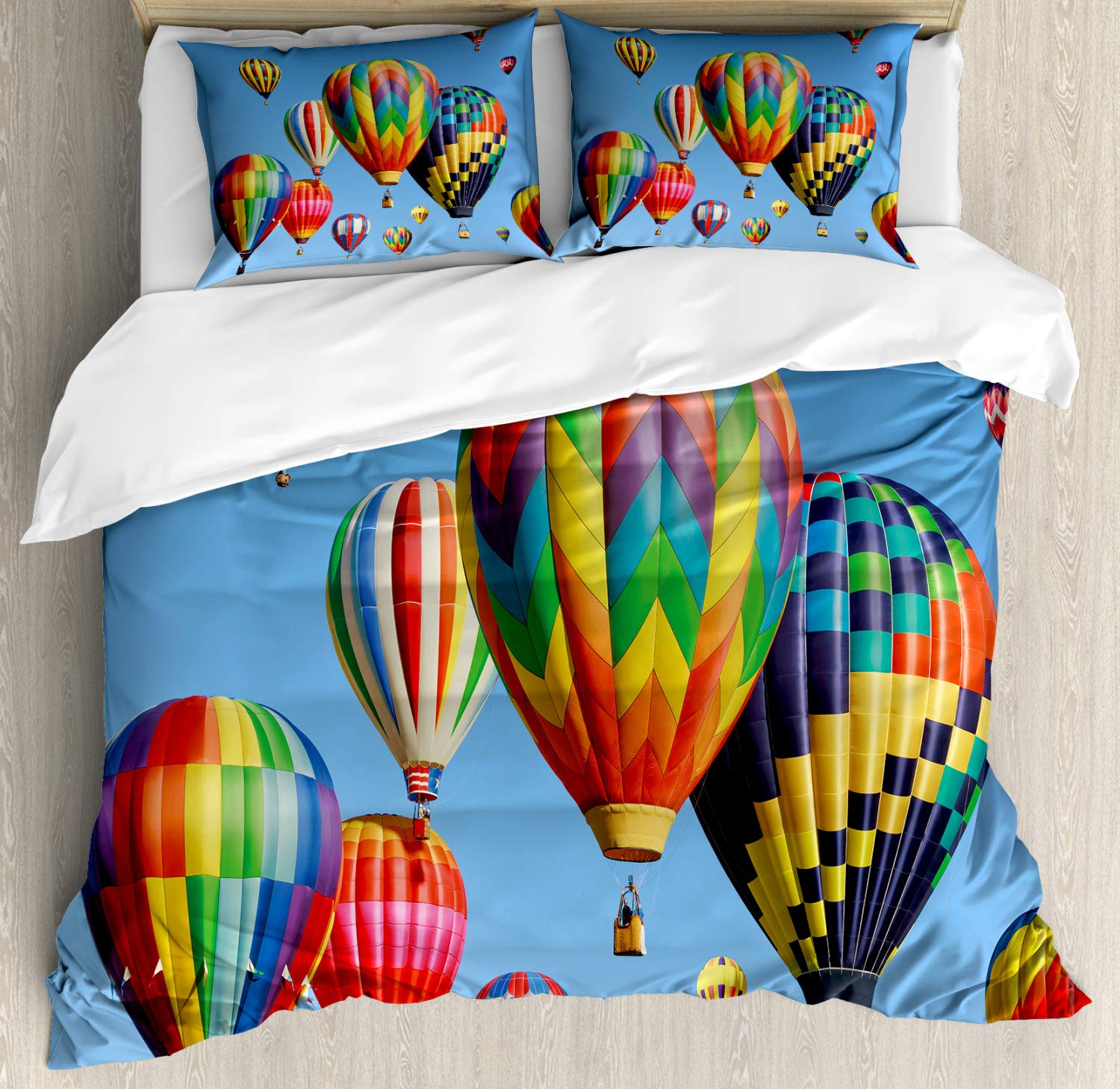 Ambesonne Colorful 3-Piece Duvet Cover Set with 2 Pillow Shams - Nostalgic Hot Air Balloon Sky Adventure Design in Blue, California King Size Bedding for Cozy Bedroom Decor | Perfect for Guest Rooms, Kids' Bedrooms & Themed Home Decor