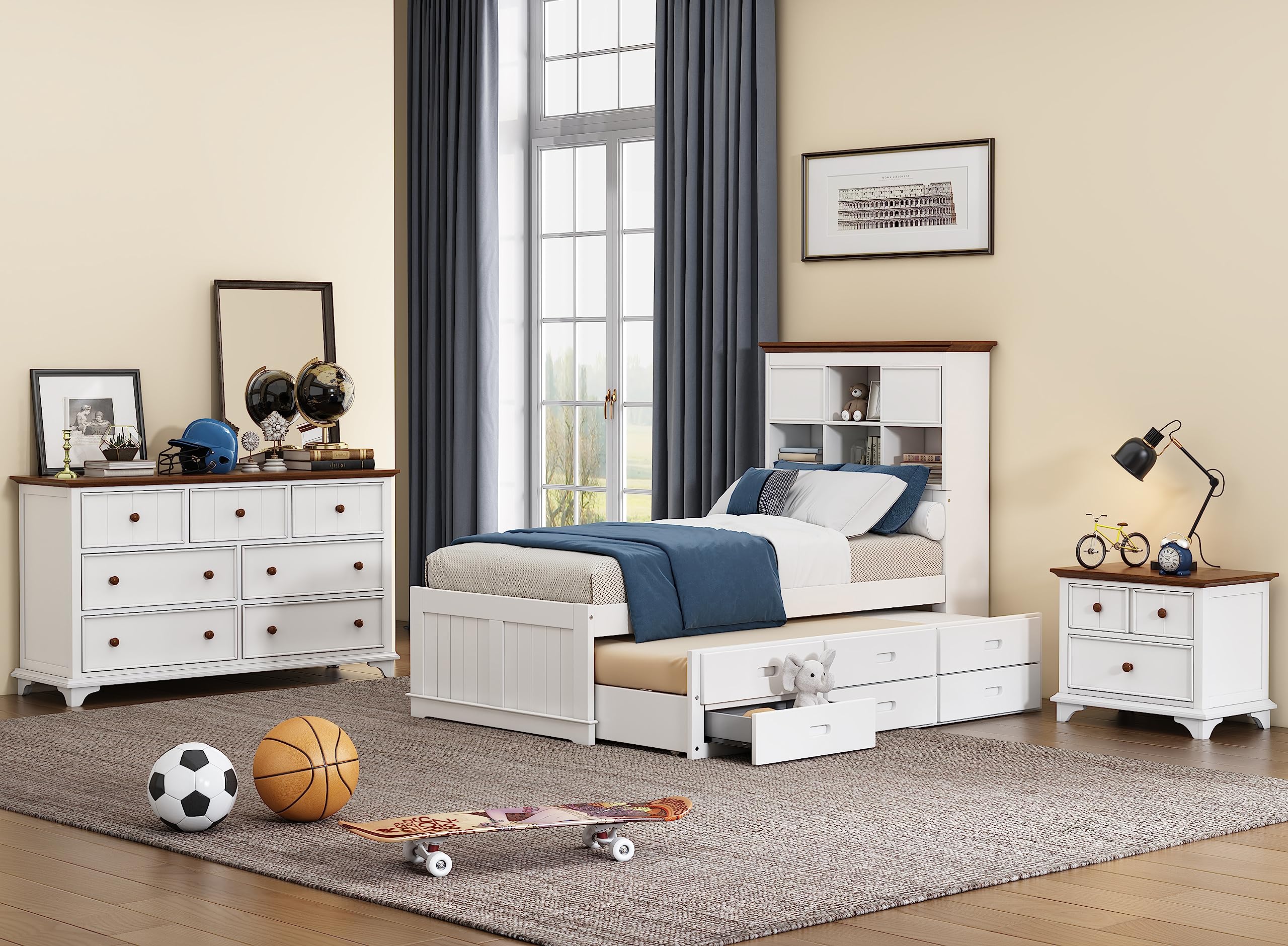 3-Piece Wooden Captain Twin Bedroom Set with Trundle, Nightstand & Dresser in White & Walnut - Perfect for Kids' Rooms, Guest Bedrooms & Small Spaces
