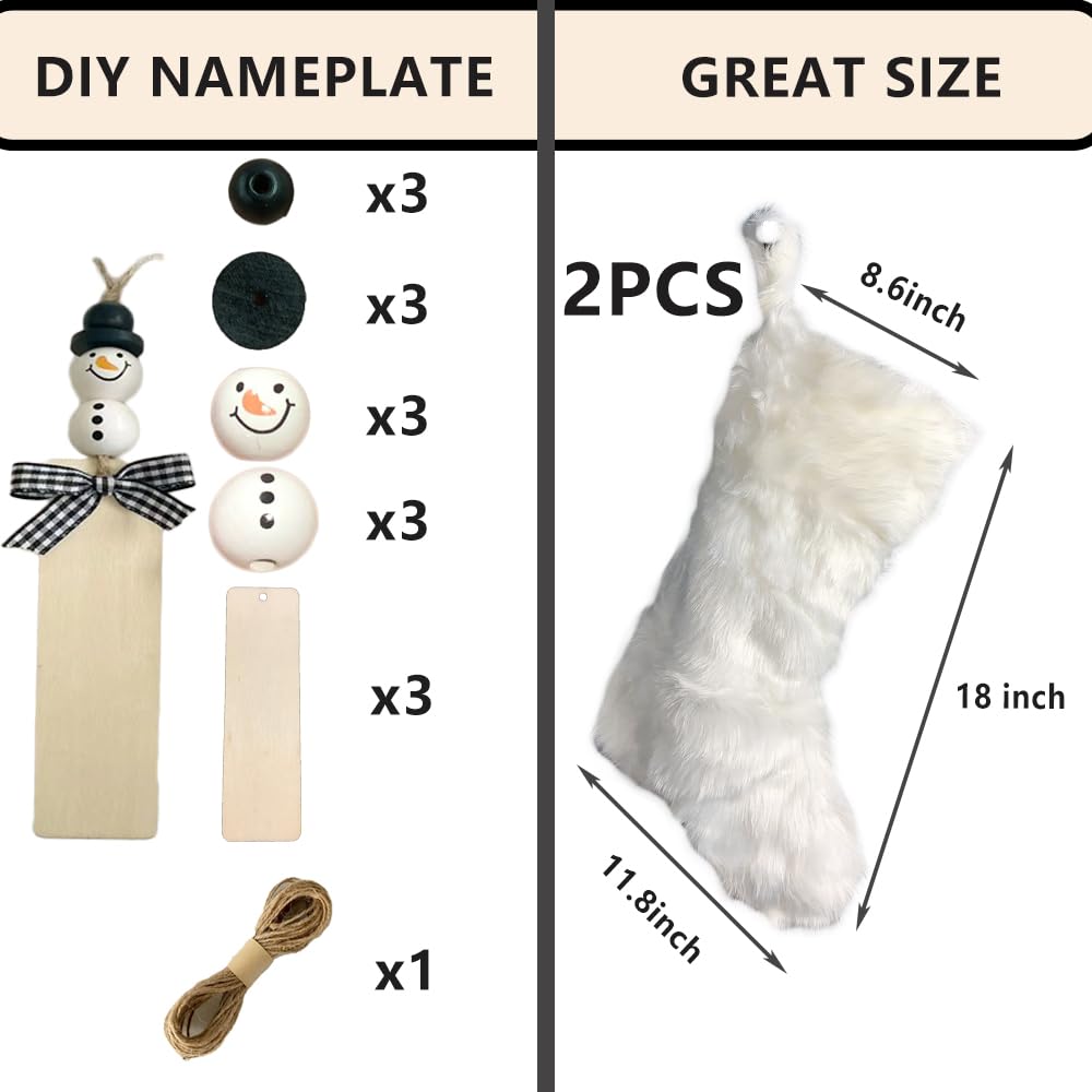AISENO 2 Pack 18 Inch White Faux Fur Christmas Stockings - Hanging Holiday Decorations for Fireplace, Candy Gifts, Xmas Tree & Festive Home Decor
