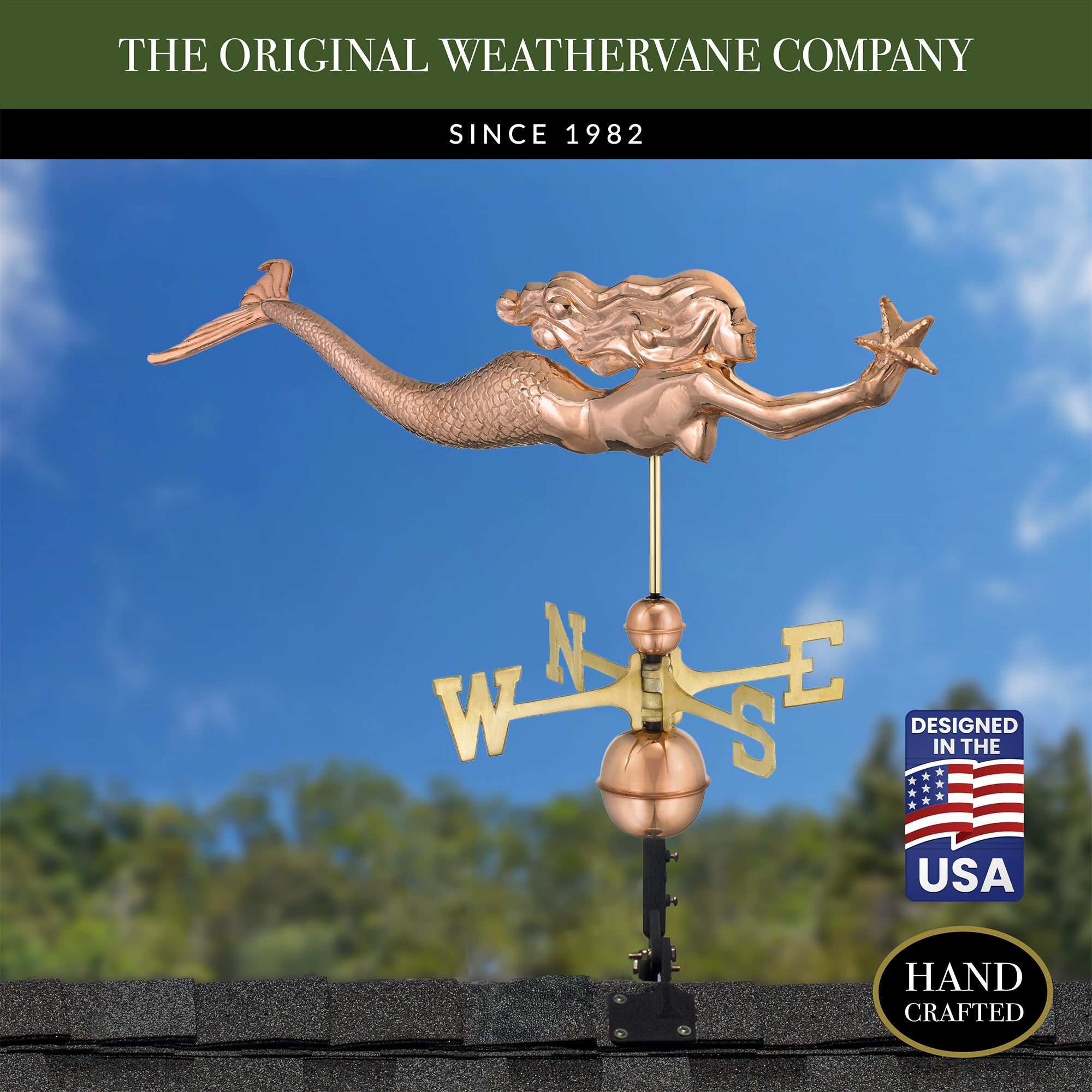 Mermaid with Starfish Weathervane - Decorative Outdoor Garden Ornament for Coastal & Beach House Decor