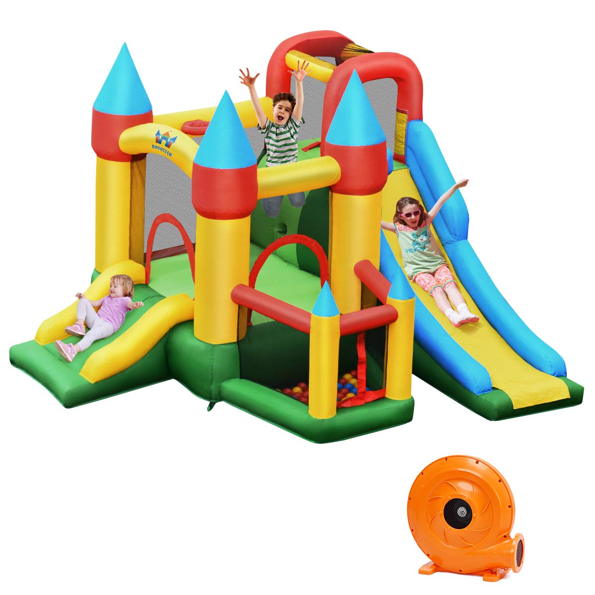 BOUNTECH 6-in-1 Inflatable Bounce House for Kids - Water Slide, Ocean Ball Pit with 60 Balls, Climbing Wall & Basketball Hoop - Includes Carry Bag, Stakes & Repair Kit (780W Air Blower Included) - Perfect for Backyard Parties, Birthday Celebrations & Outdoor Play