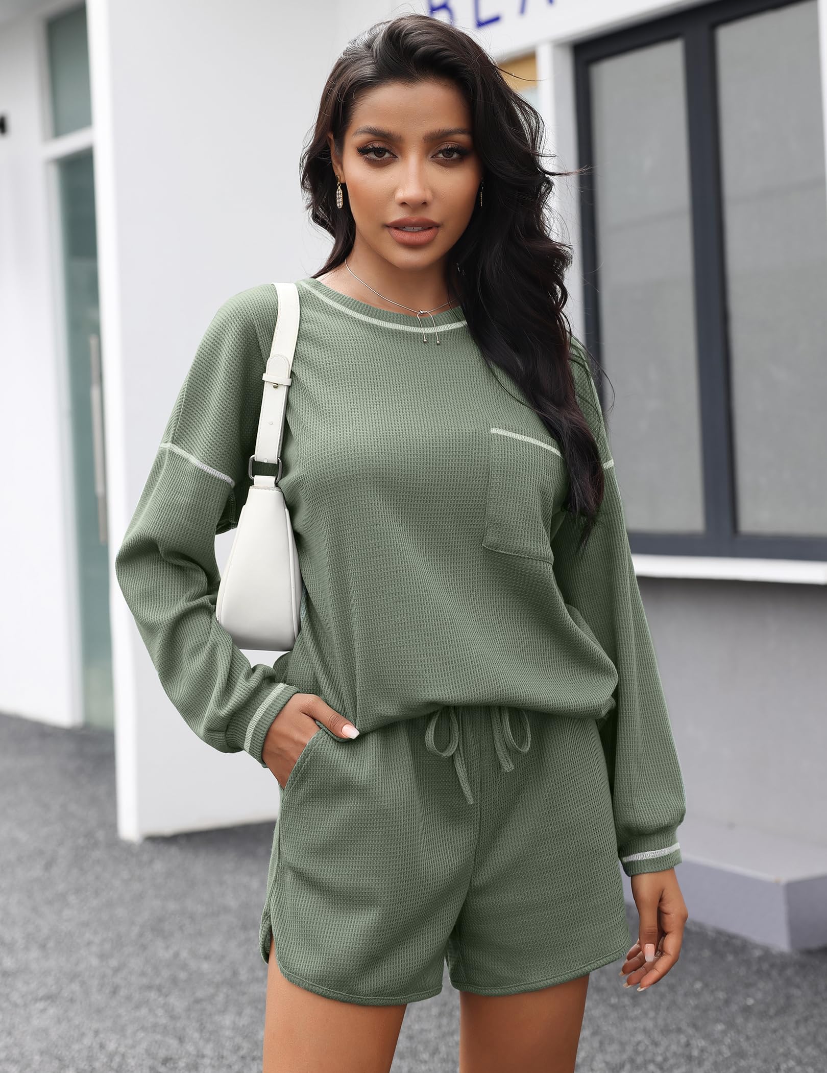 Andeip Women's 2 Piece Casual Outfit - Short Sleeve Waffle Knit Top & Drawstring Shorts Lounge Set | Summer Comfort Wear for Home, Beach & Vacation