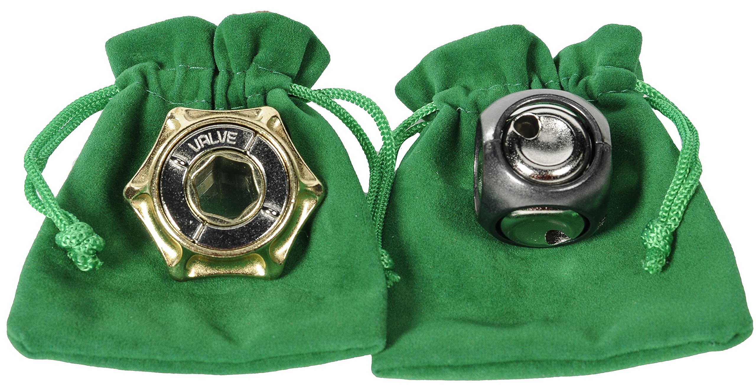 Hanayama Metal Brain Teaser Puzzles - 2022 New Releases Dice & Valve with 2 Green Velveteen/Red Satin Drawstring Pouches - Challenging Logic Games for Adults & Teens - Perfect for Office Stress Relief, Travel Entertainment & Gift Giving