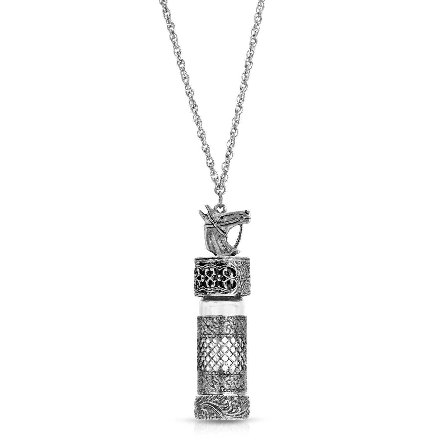 Vintage 1928 Pewter Horse Filigree Screw Cap Vial Necklace - 30