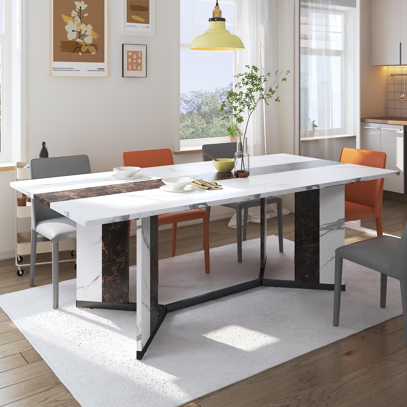 71-Inch Large Rectangular White Dining Table for 4-7 People with 35-Inch Marble-Color Waterproof Wood Tabletop & Adjustable Legs - 6ft Luxurious Family Dinner Table for Home, Kitchen, Living Room - Perfect for Family Gatherings, Dinner Parties & Daily Meals