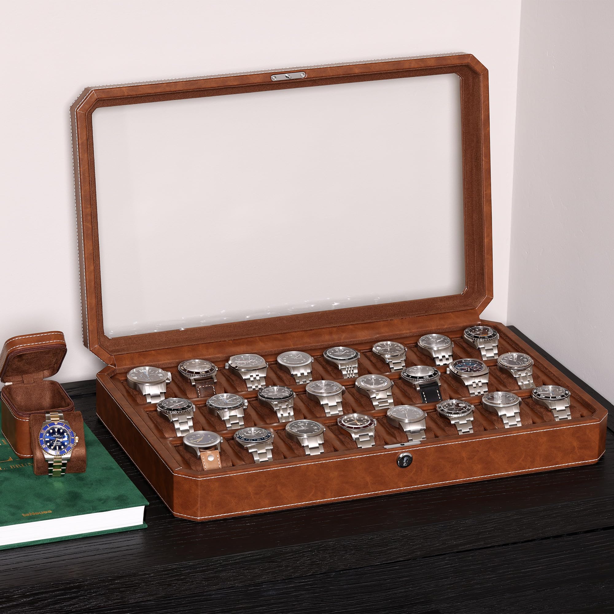 ROTHWELL 24 Slot Luxury Watch Box with Lock - Premium Leather Watch Case Organizer for Men | Real Glass Top Display | Collector's Storage for Rolex, Omega & More | Perfect for Home, Office & Travel (Tan/Brown)