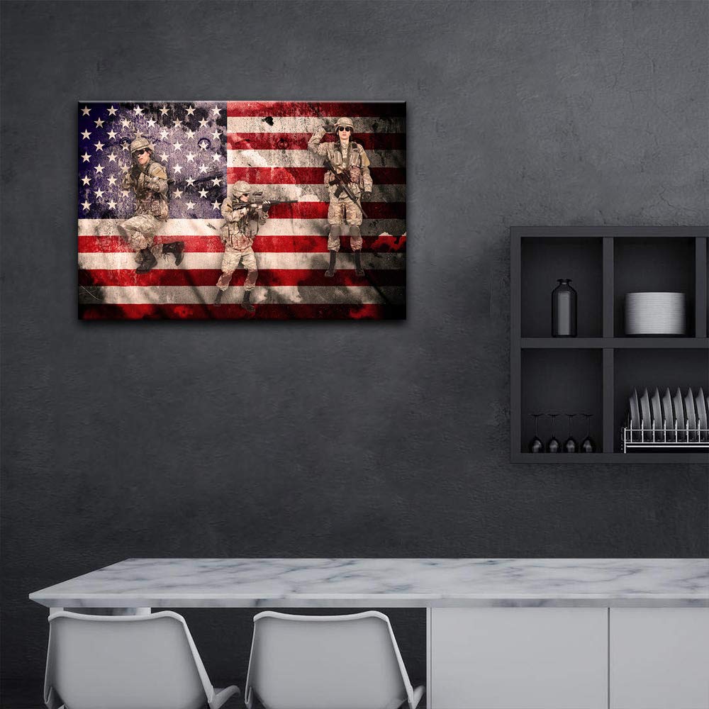 American Flag Wall Art - Patriotic Military Canvas Print of US Army Troops, Framed & Ready to Hang - Perfect for Home, Office & Military Themed Decor